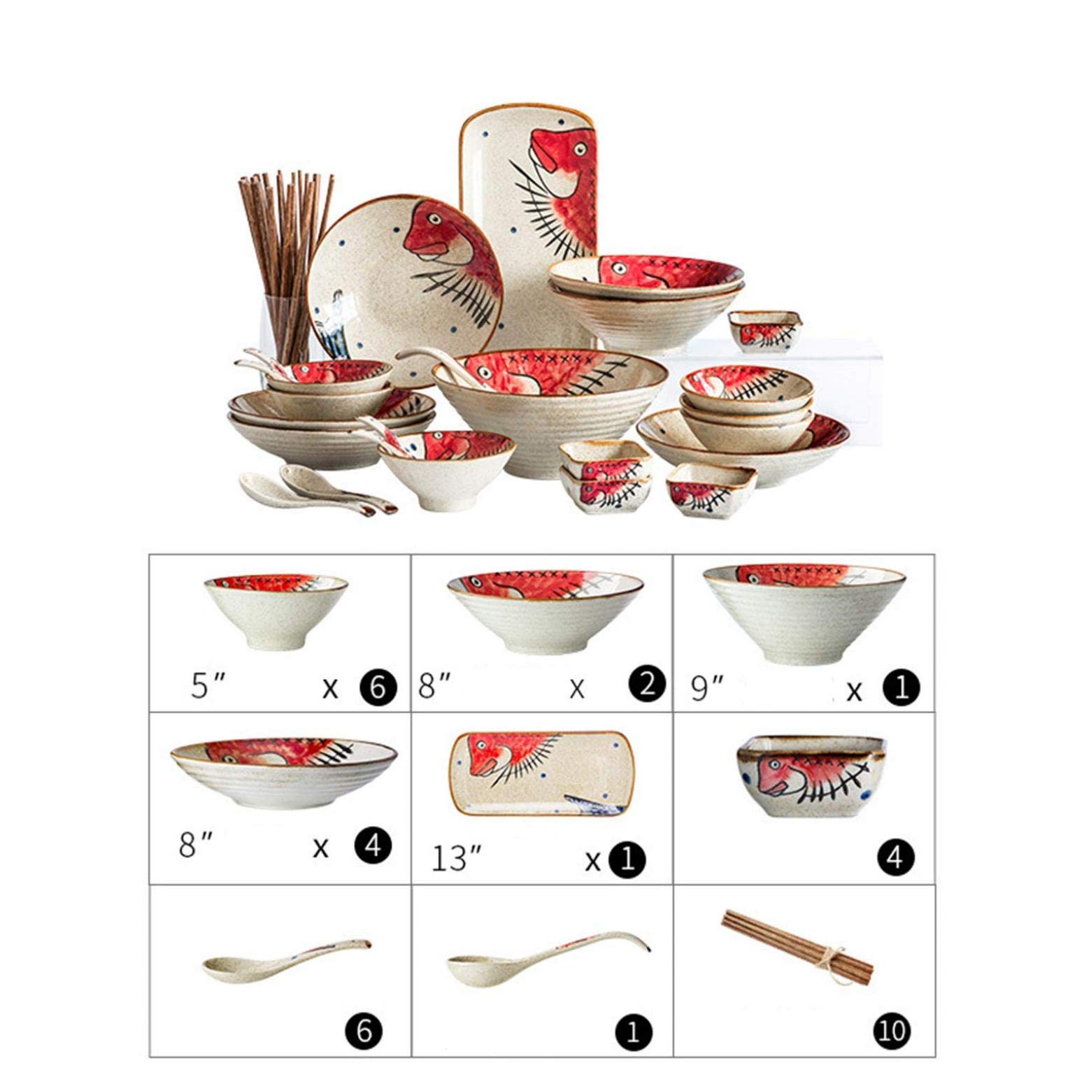 Juego de vajilla de porcelana con estampado de peces rojos, servicio de 35 piezas para 6 personas