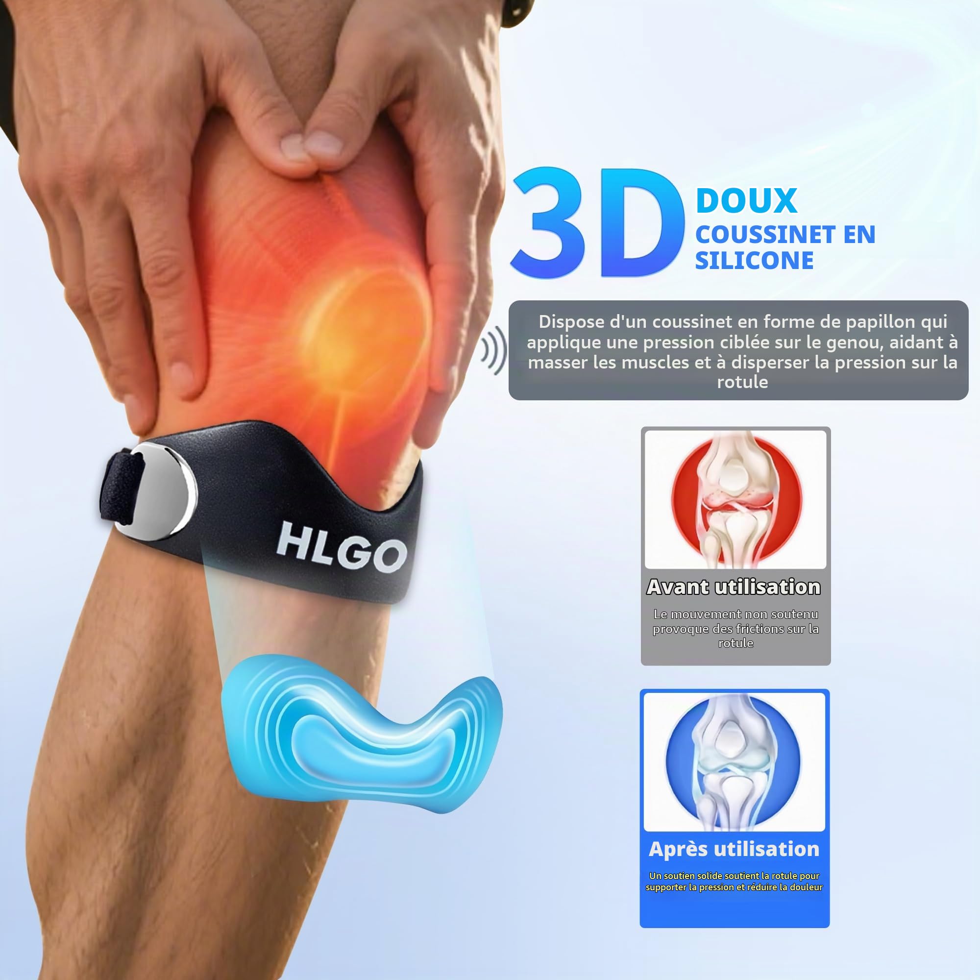 HLGO Sangle Rotulienne Réglable (Lot de 2) - Genouillère Silicone Anti-Dérapante pour Genou du Sauteur, Tendinite & Osgood-Schlatter, Soutien Sport/Course, Soulagement Douleur Homme/Femme