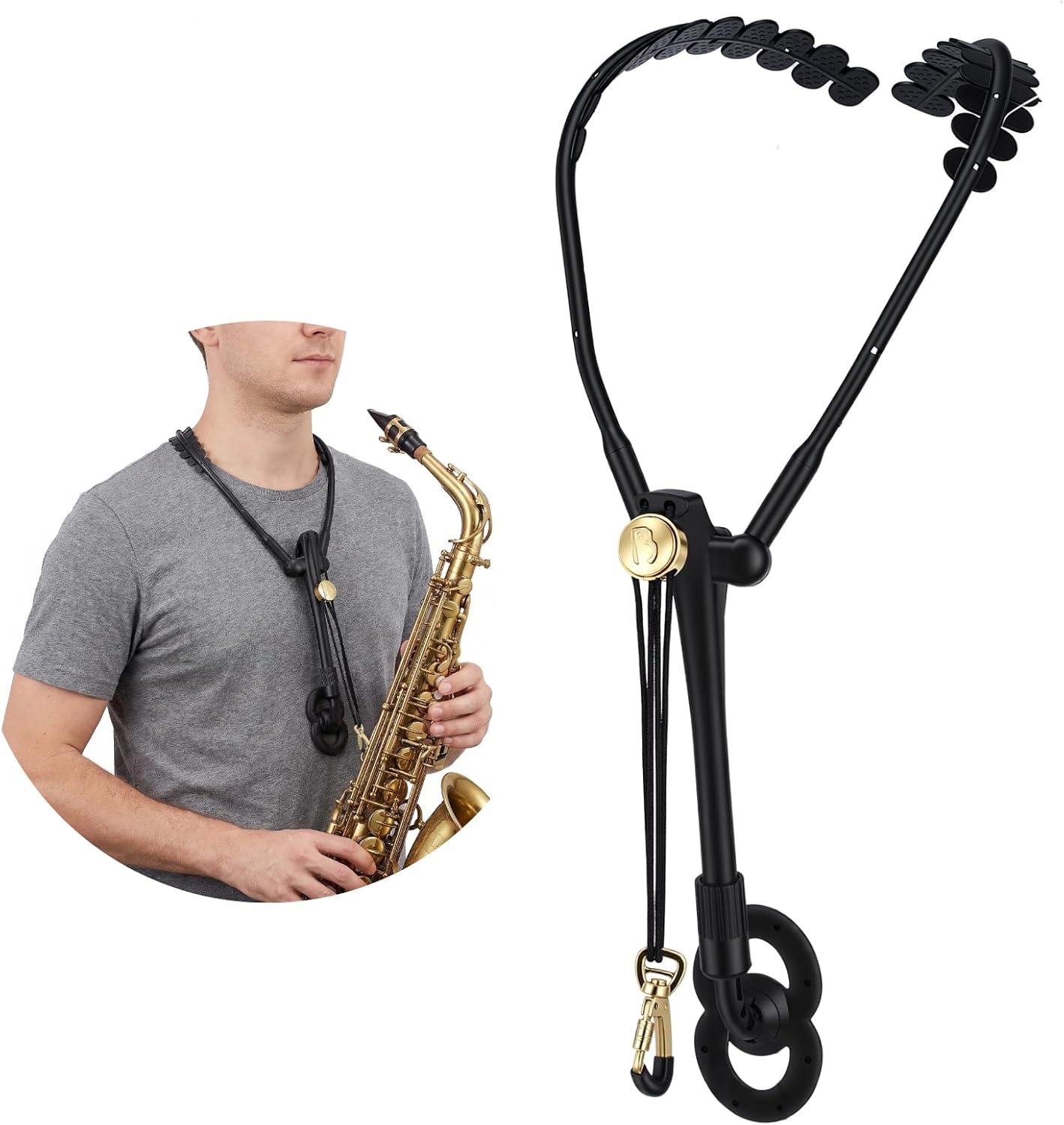 Saxophone Harness, Adjustable Double Shoulder Neck Strap, 360 Swivel & Metal Snap Hook, Comfortable Sax Strap for Alto, Soprano and Baritone Sax, Black