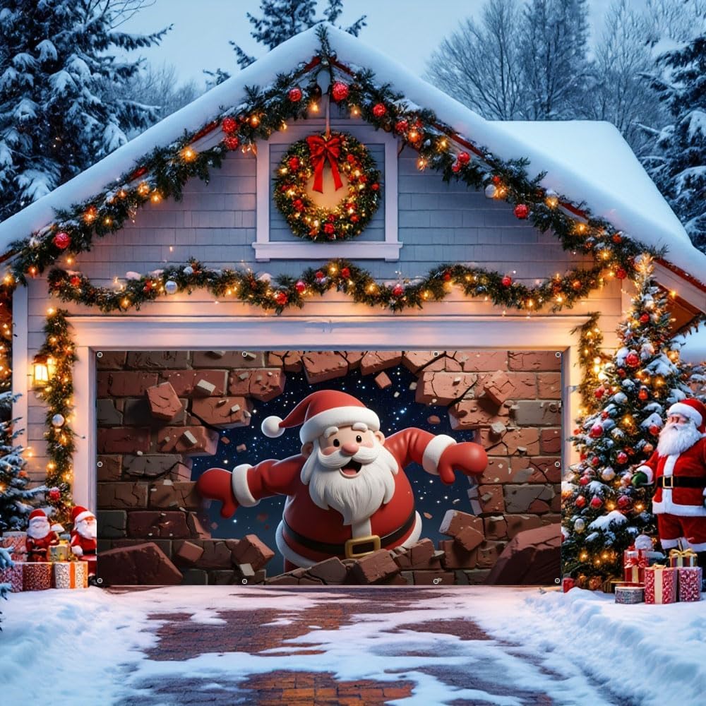 7x16ft Christmas Garage Door Cover for Double Car Brick Wall Star Night Santa Claus Christmas Garage Door Banner Backdrop for Photography for Outdoor Xmas Party Decorations Wall Decor