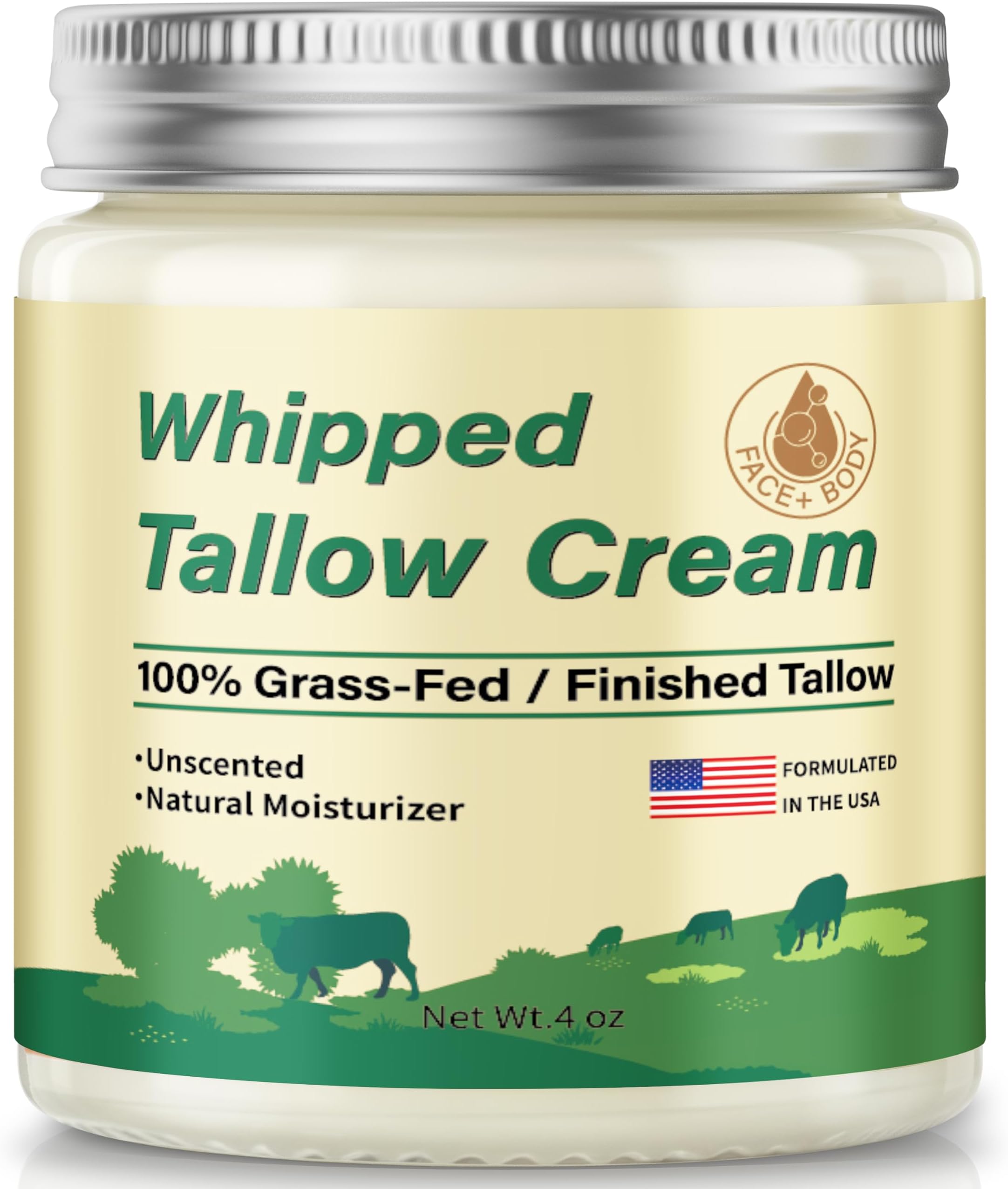 ZIIDII Beef Tallow for Skin, Organic Grass Fed Whipped Beef Tallow Balm Moisturizer Deeply Nourishing for Face & Body, Natural Unscented Tallow Face Moisturizer Cream for Dry Skin, 4oz