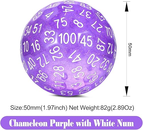 Miniatura 2 de DNDND D100 - Dados morados con purpurina de 100 caras con bolsa translúcida para Calabozos y Dragones (Morado camaleón con número blanco)