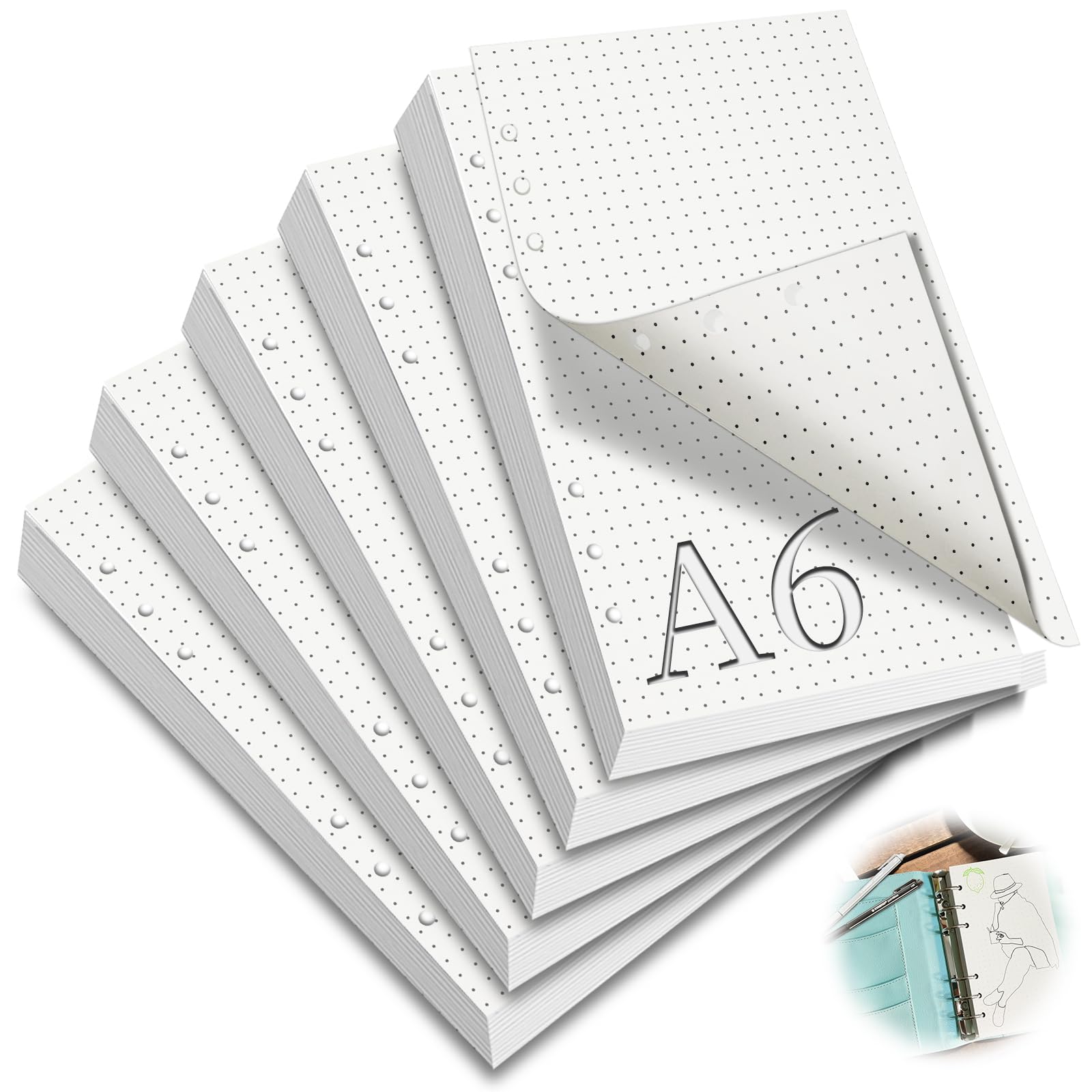 mawmuaw A6 Refill Paper Dotted, 5 Pack Refill Pad 300 Sheets/600 Pages