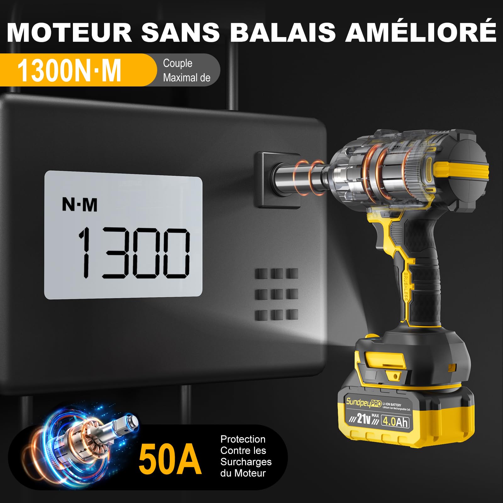 Visseuse à Percussion Sans Fil 1300 Nm - 2 Batteries 4.0Ah, Moteur Brushless, 3 Vitesses + Mode RSS, avec Coffret & 6 Douilles & Tige D'extension, 21V Boulonneuse à Choc Pour Auto Bricolage