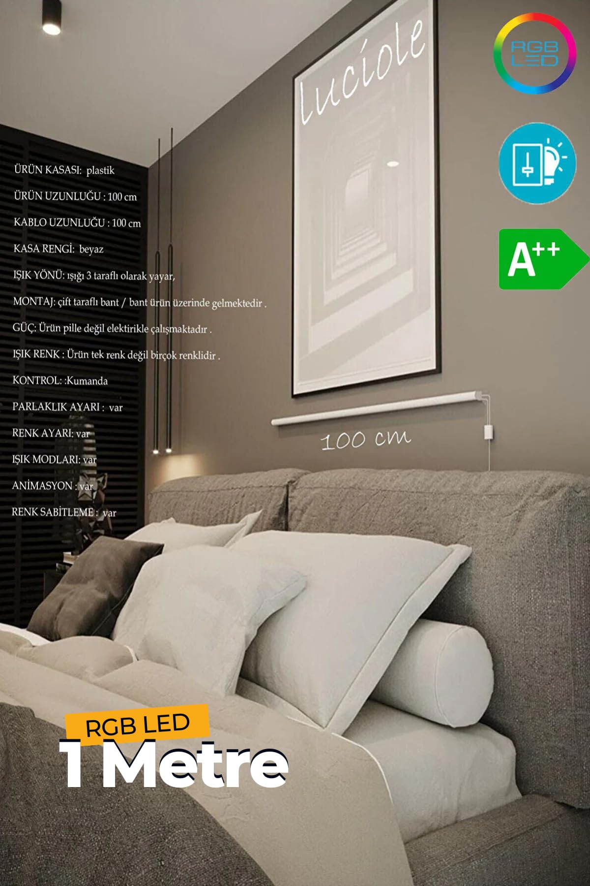 luciole LED Abajur Aplik Gece Lambası Rgb Lambader 16 Renkli Uzaktan Kumandalı Işık 4 Animasyonlu