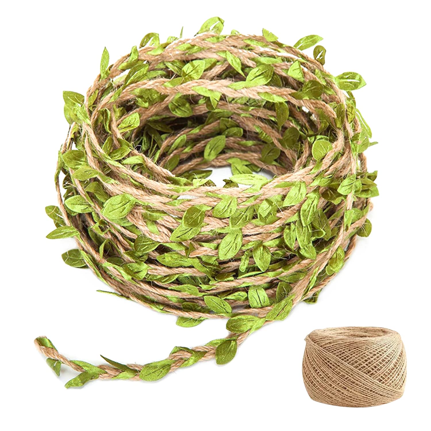 QEEQPF 10m green leaf rope, with 2m hemp rope, Garden decoration accessories, leaf vine hemp rope, party supplies, leaf ribbon, used for gardening, gift packaging, DIY crafts, (LYS1)