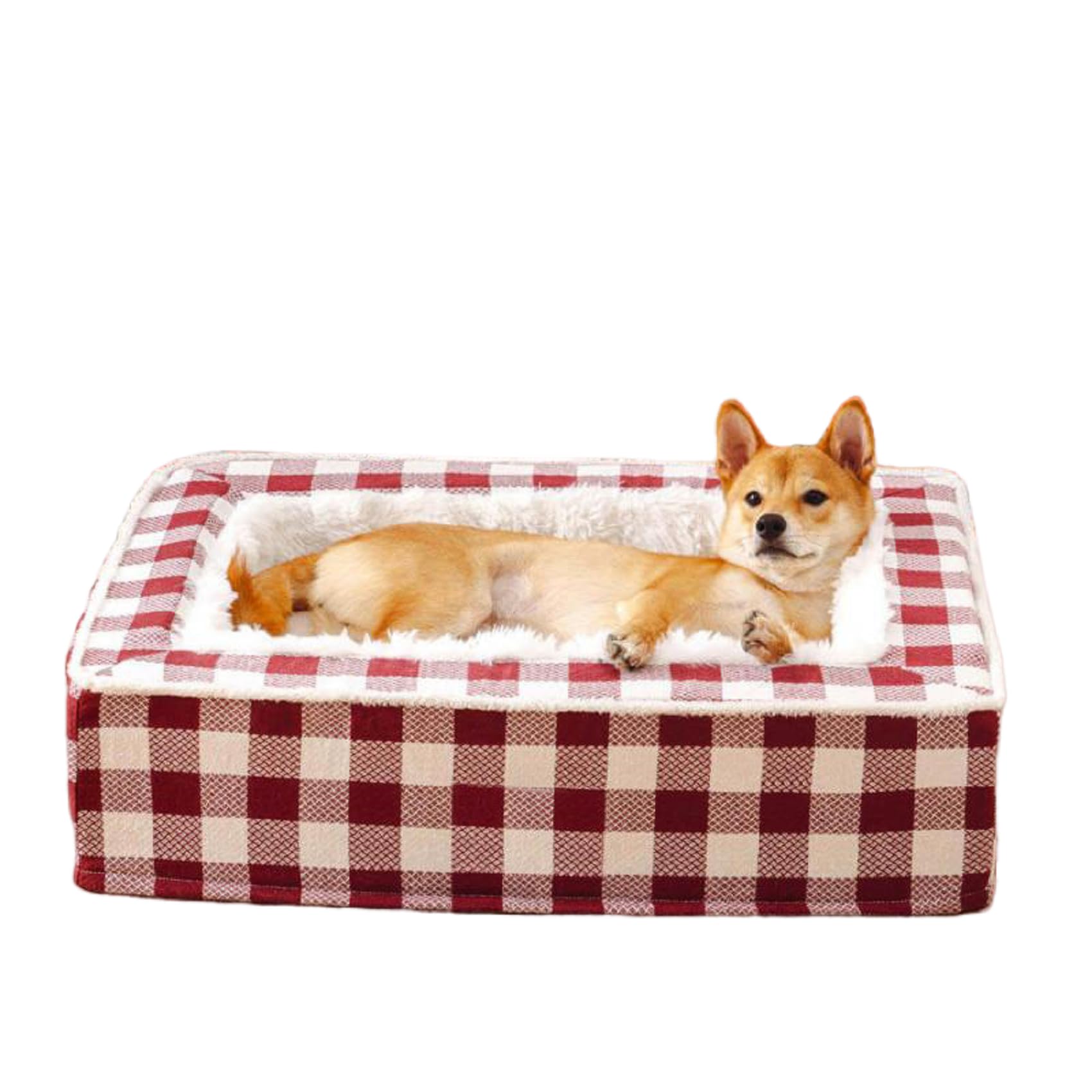 Festive Classic Tartan Cozy Dog Anti-Anxiety Calming Bed, Classic Tartan Pet Bed - Square Dog Beds (Red, L: 31.5 * 23.62 * 7.87 in)