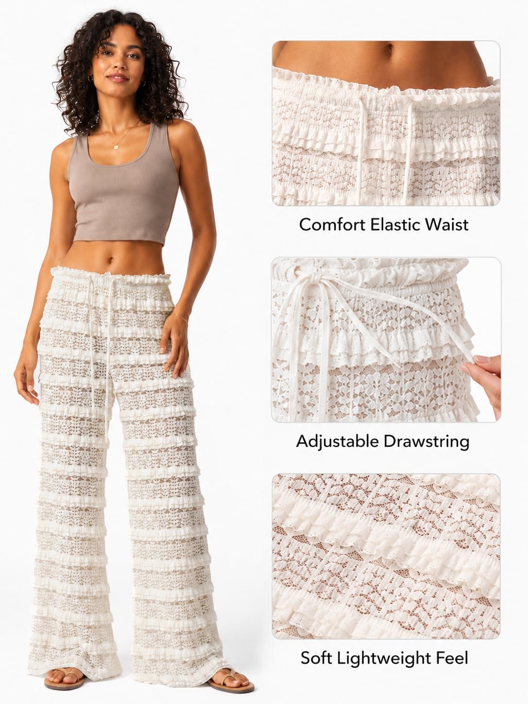 Women's Crochet Swimsuit Coverup Ruffle Layered Elastic Waist Lace Sheer Mesh Pants 2026 Beach Wide Leg Pants