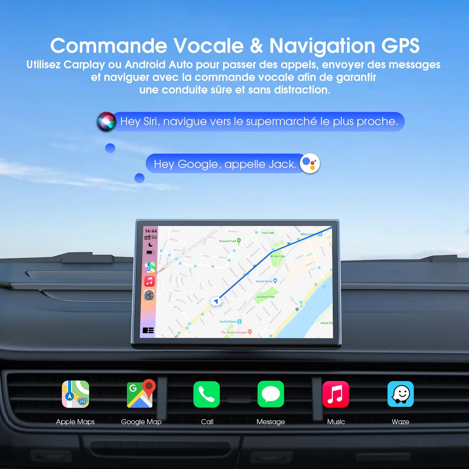Avylet Écran 7'' A-pple Carplay Voiture, Android Auto sans Fil Tactile Portable, Navigation GPS, Contrôle Vocal Google/Siri, Radio Bluetooth, AUX/FM, Mirror Link, OTA