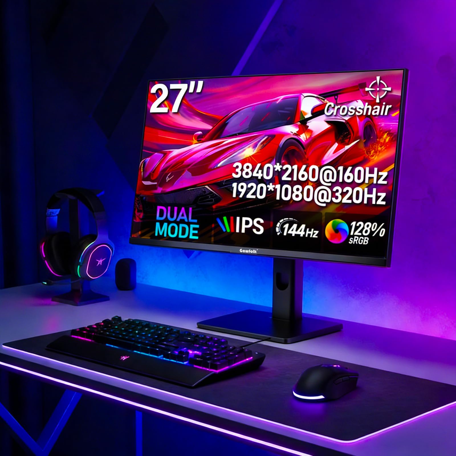 Gawfolk Monitor da gioco 4K da 27 pollici, UHD 160Hz/FHD 320Hz Dual Mode PC, schermo IPS per casa e ufficio, altoparlante integrato, Pip/PBP, FreeSync, HDMI 2.1 & DP 1.4, VESA 75 x 75 mm