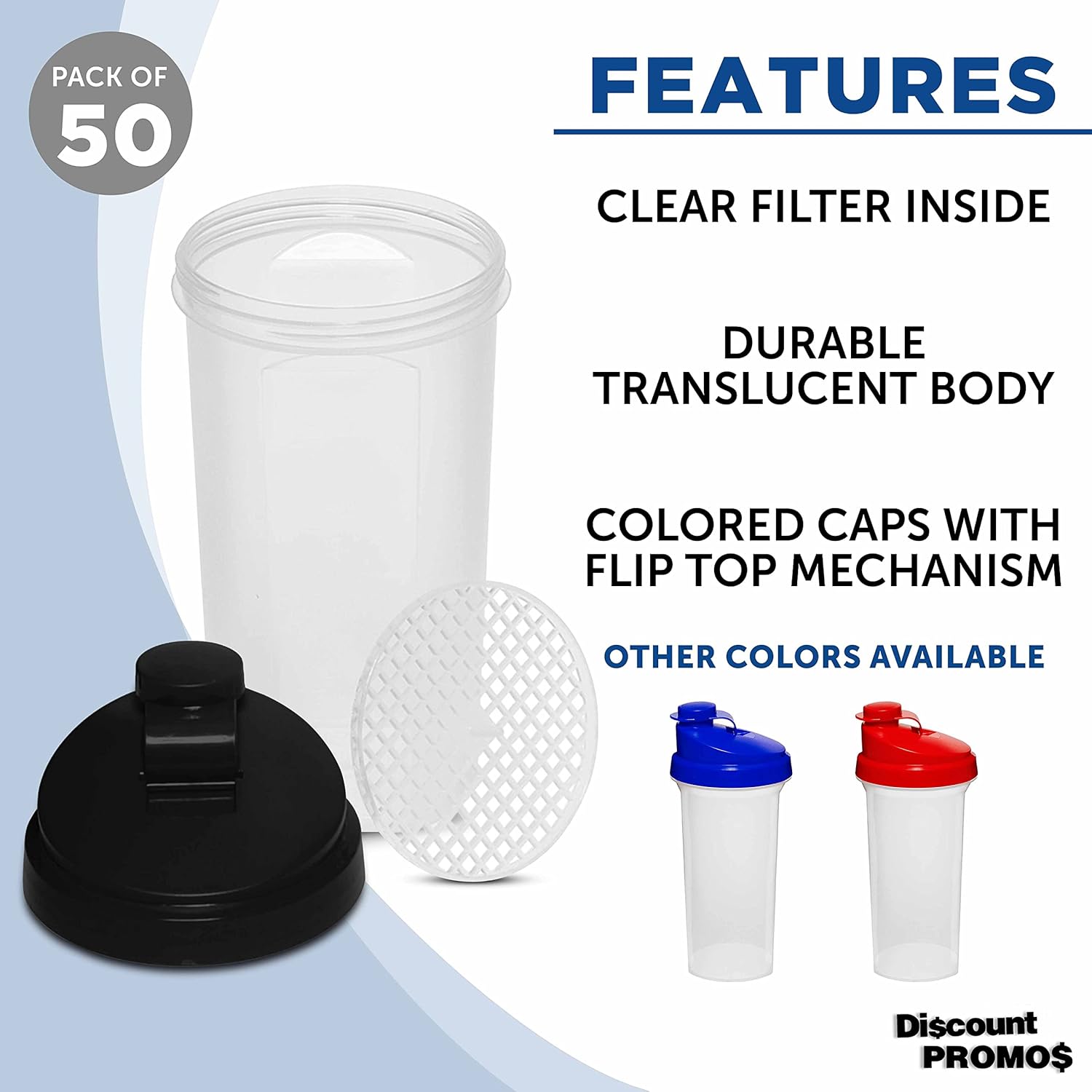 DISCOUNT PROMOS Custom Plastic Shaker Bottles 25 oz. Set of 50, Personalized Bulk Pack - Protein Mixer Cup with Flip Top Lid, BPA Free - Black