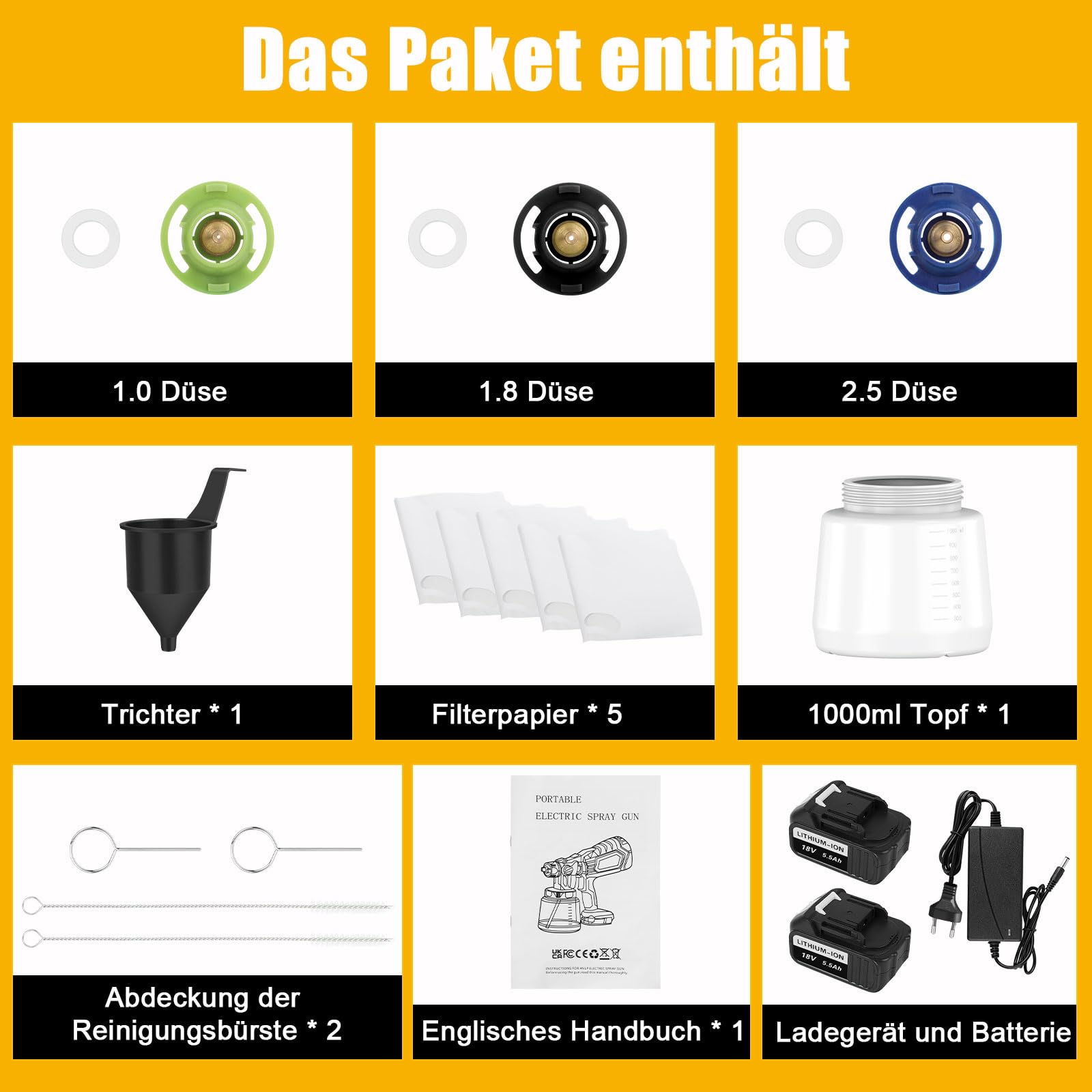 Sistema di spruzzatura a batteria, con batteria da 2 x 5500 mAh, pistola per verniciatura elettrica, 1000 ml, grande contenitore, per dipingere pareti, soffitti, mobili, recinzioni da giardino