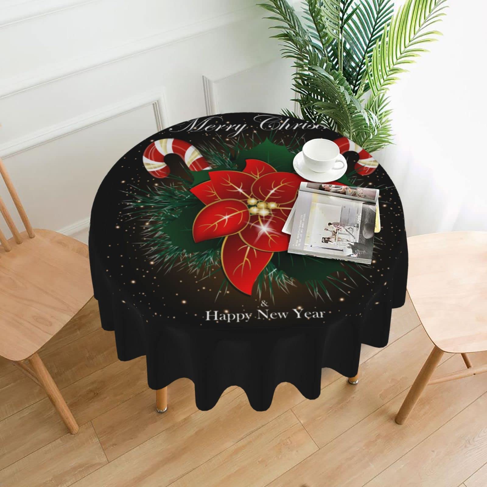 Giwawa Runde Tischdecke Happy New Year – 152 Cm Ø, Schwarz Mit Weihnachtskugeln & Feuerwerk, Wasserdichtes Polyester – Für Weihnachten, Winter & Silvester!