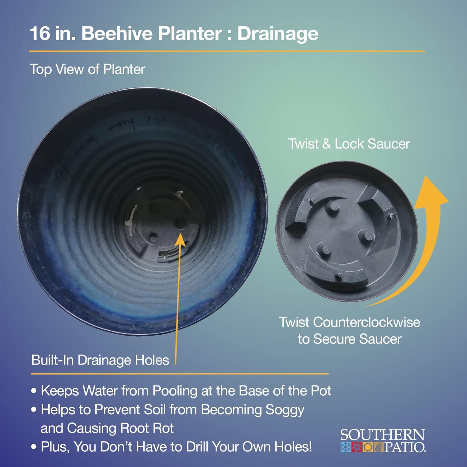Southern Patio HDR-064770 Beehive 16" Indoor Pot Planter with Attached Saucer, 20.08 qt. Capacity, Navy Blue
