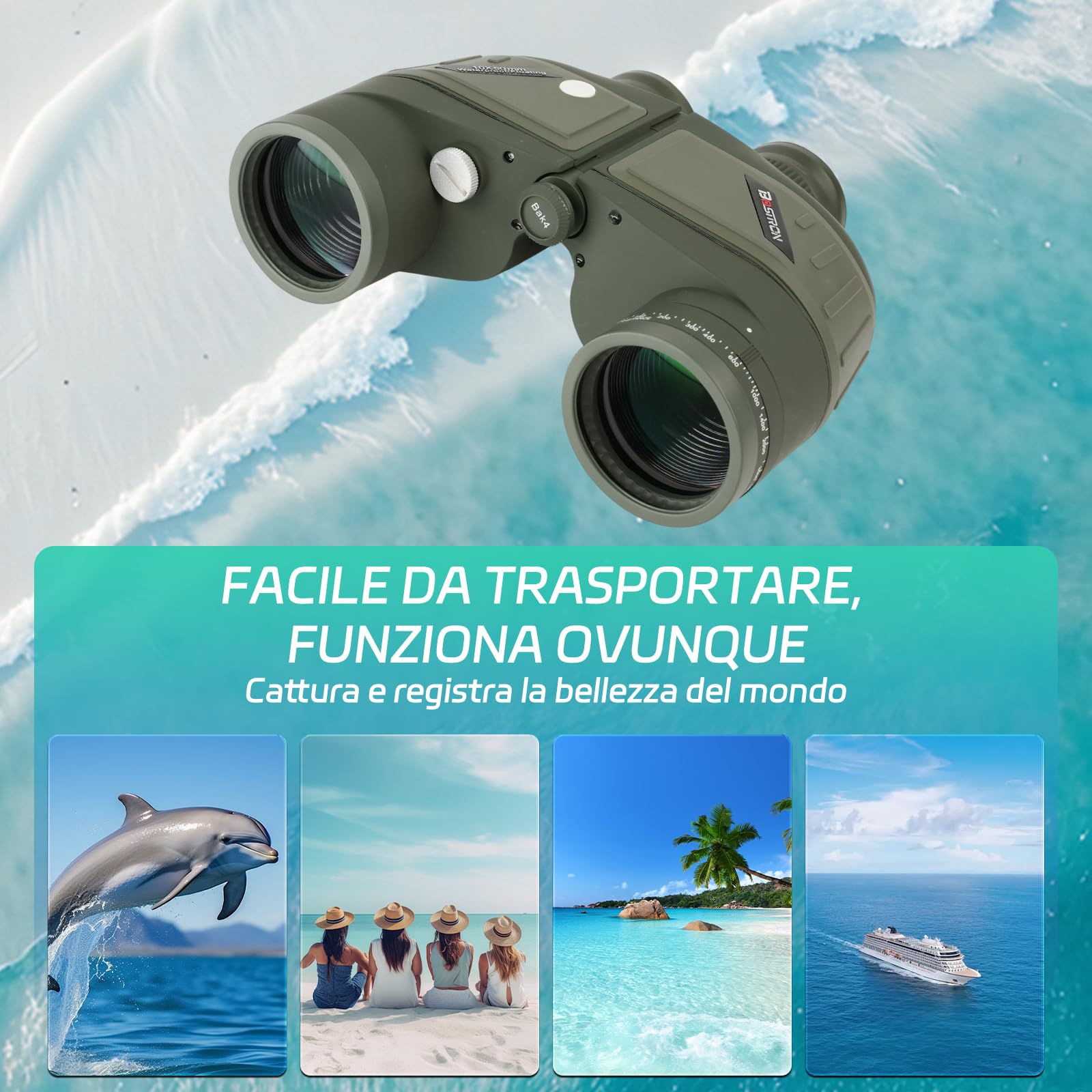 Binocolo Marino 10x50 per Adulti, Impermeabile IPX7 | Prisma BAK4 Lenti FMC, Binocolo Militare Professionale con Telemetro per la Navigazione Birdwatching Caccia - Green