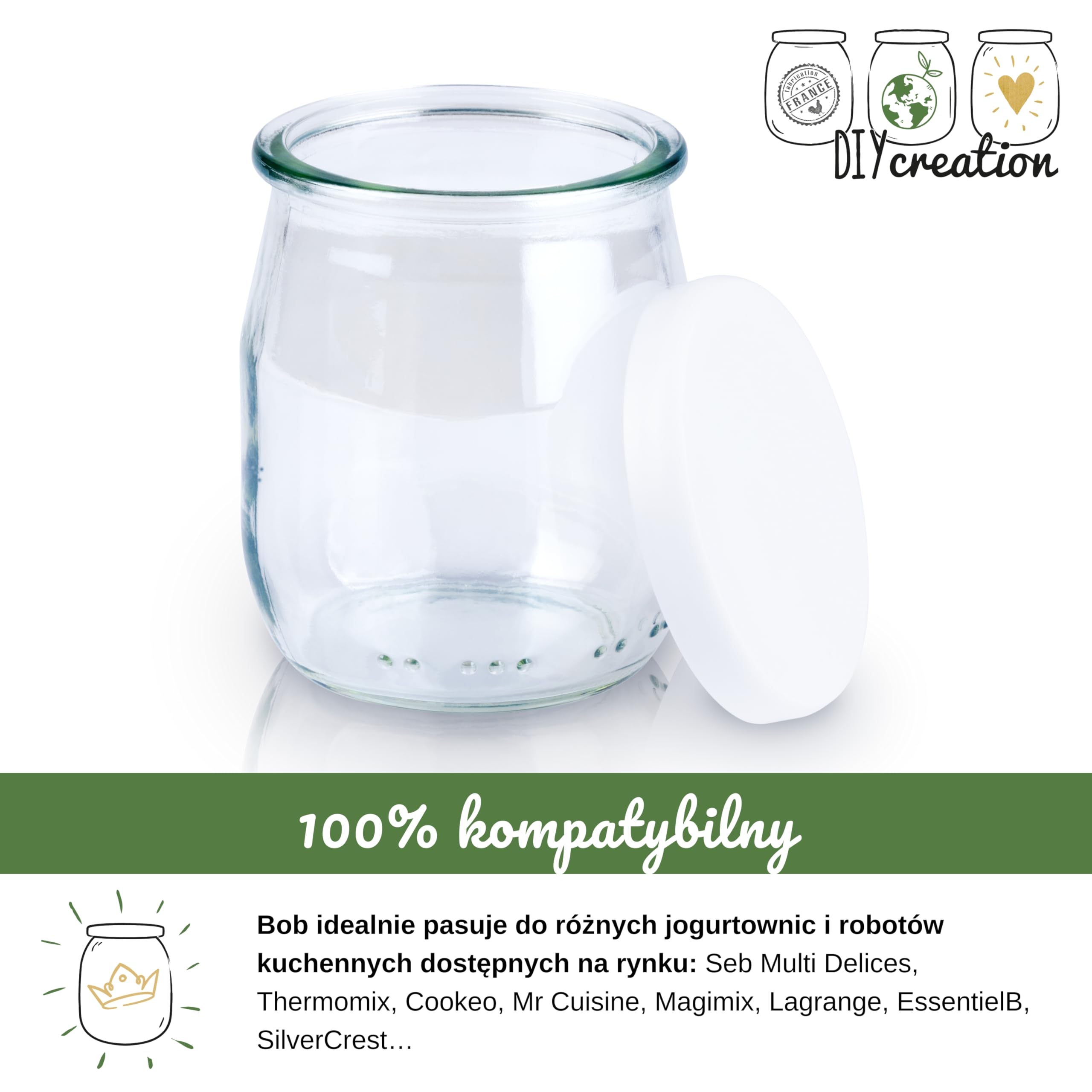 Zestaw 12 szklanych słoików na jogurt z hermetycznymi pokrywkami - Seb Multidélices, Thermomix, Cookeo Jogurt Maker - mały słoik do przechowywania dla niemowląt - wyprodukowany we Francji