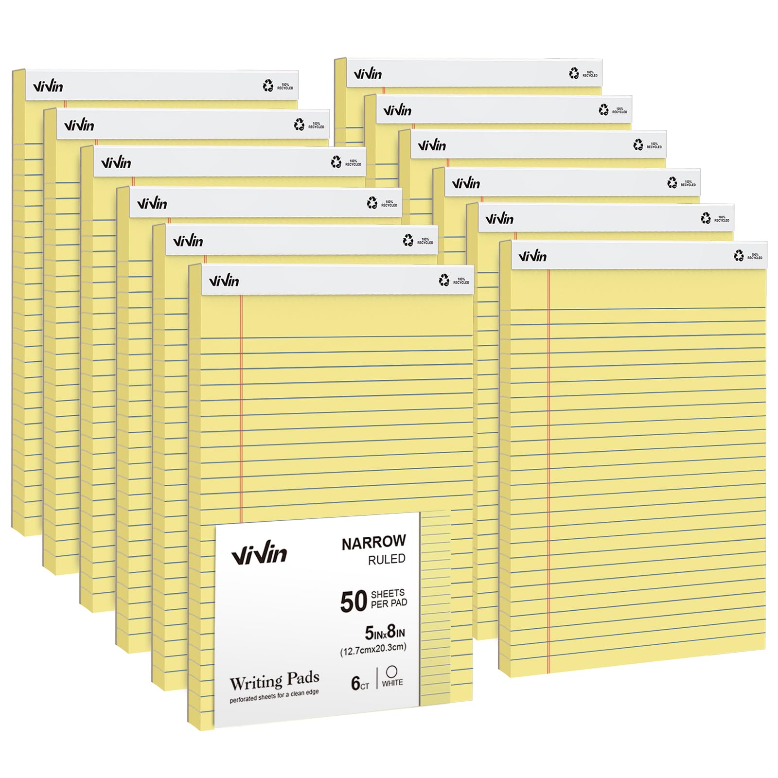 ViVin 5 x 8 Inch Legal Pads, 12 Pack, Narrow Ruled, 50 Sheets Per Writing Pad, Perforated Note Pads Ideal for Home, Office, Business, 600 Sheets,