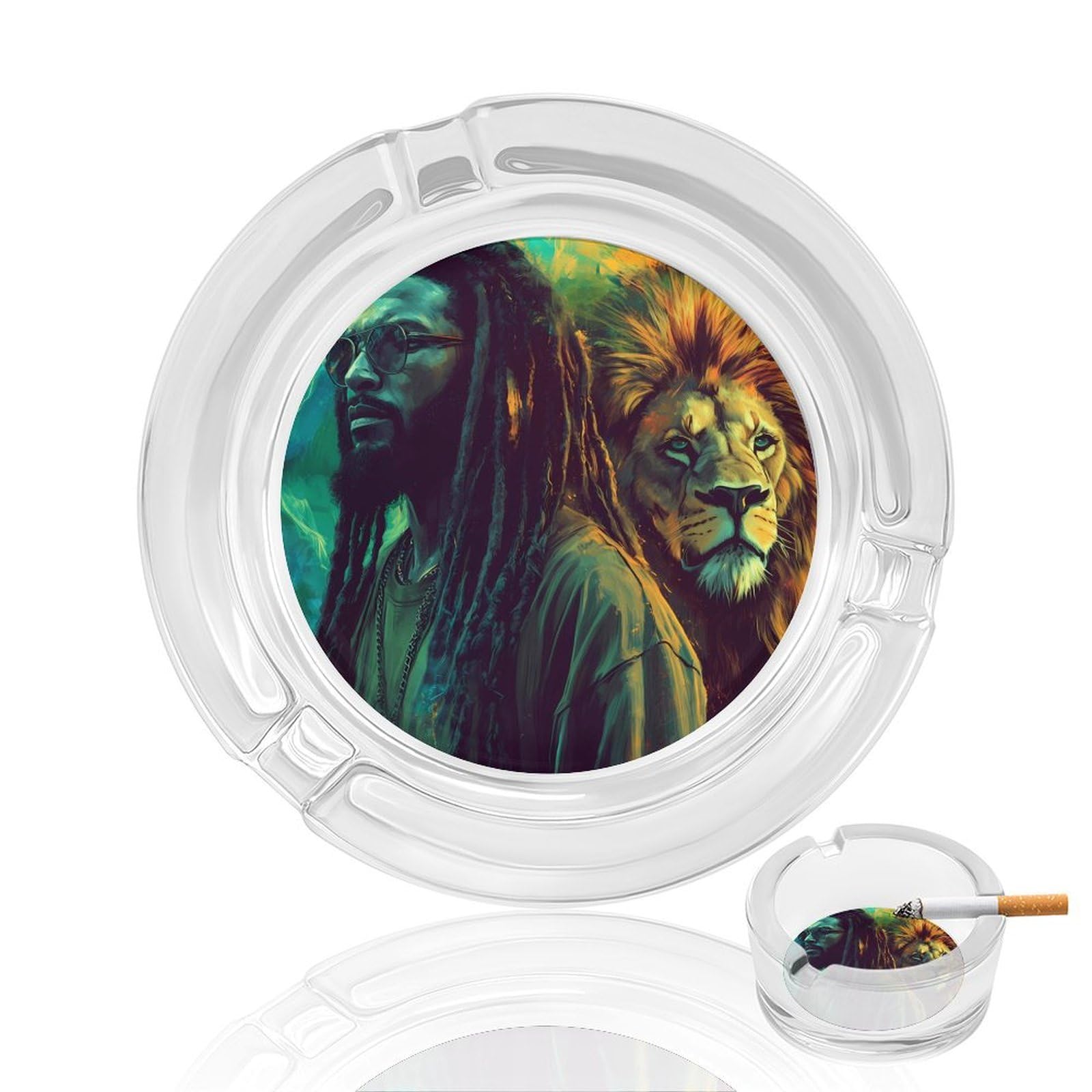 Rasta Lion Jamaican Ashtray Portable Round Glass Outdoor Ash Tray for Home Office Garden Pub
