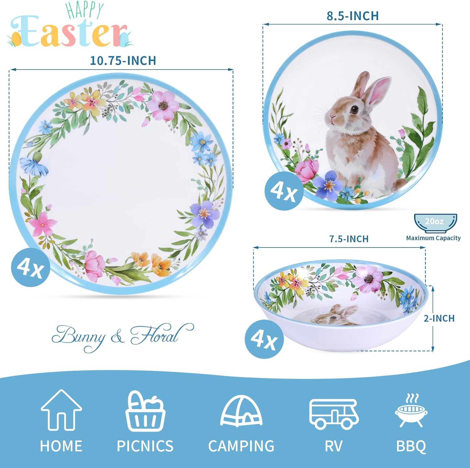 12PCS Melamine Dinnerware Set, Bunny & Floral Outdoor Dinnerware Set for 4, Unbreakable Easter Plates and Bowls for Camping, Patio Dining, Family Meals, Ideal for Rabbit Lovers & Home Decor 12 piece Green Bunny