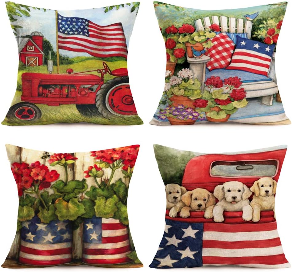 Vintage Red Truck with Dog Pillow Covers Farmhouse Floral Garden Decorative Cotton Linen American Flag Throw Pillow Case Outdoor Cushion Cover 18" x 18" Set of 4 Pillowslip (Flag-Floral Bird)