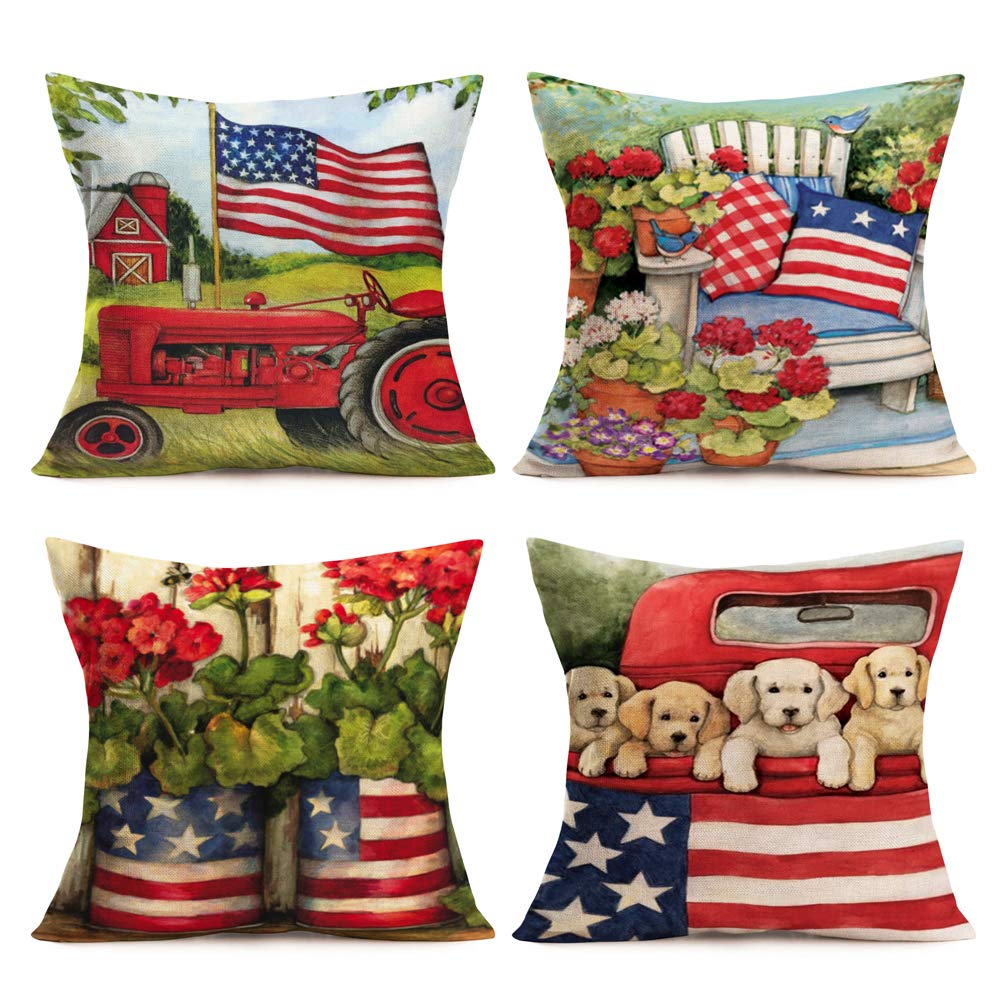 Vintage Red Truck with Dog Pillow Covers Farmhouse Floral Garden Decorative Cotton Linen American Flag Throw Pillow Case Outdoor Cushion Cover 18" x 18" Set of 4 Pillowslip (Flag-Floral Bird)