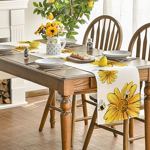 Miniatura 4 de Artoid Mode Camino de mesa de girasol de abeja beige, flores estacionales de primavera y verano, decoración de mesa de comedor para decoración de