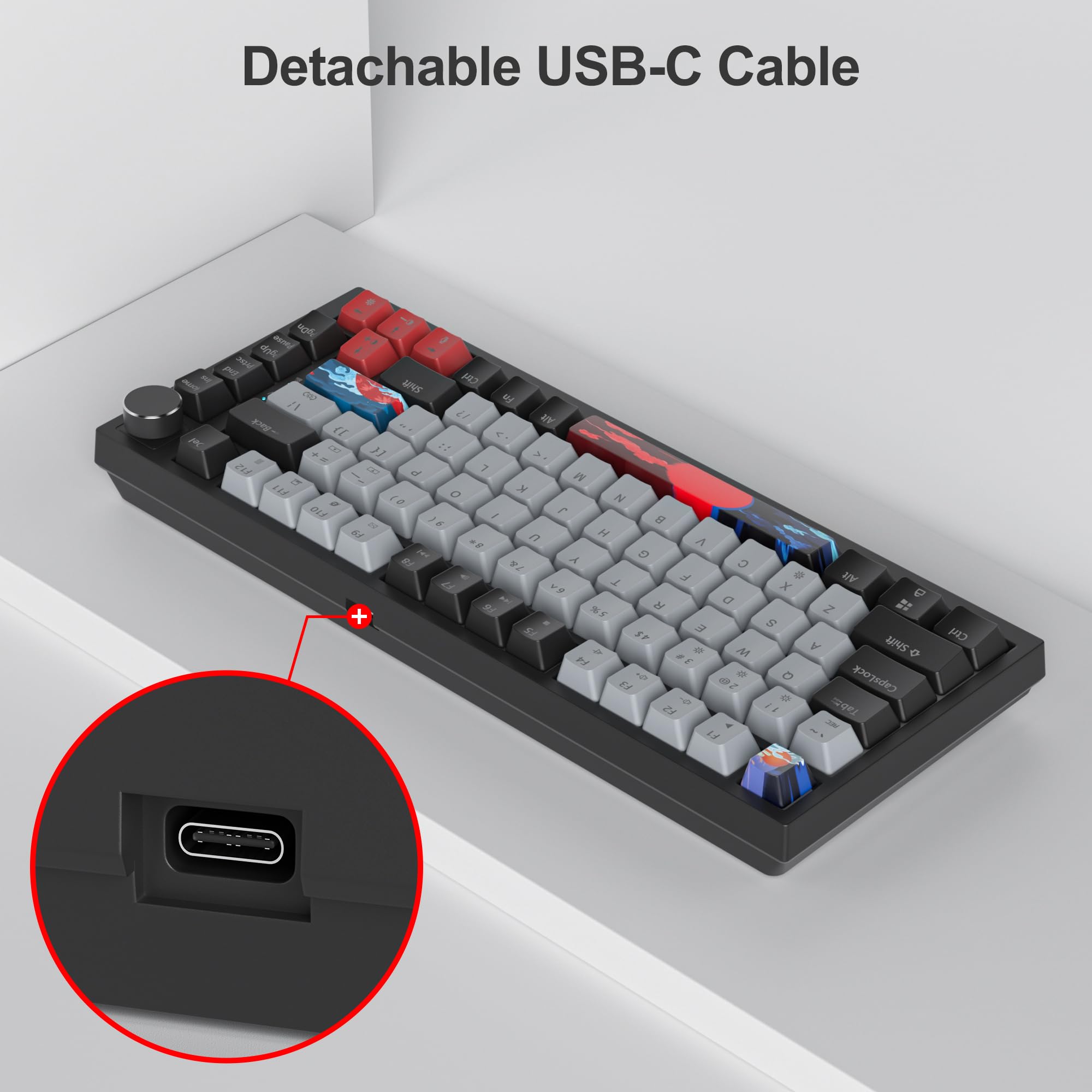 Fogruaden Teclado mecánico 75% con cable, montaje de junta intercambiable en caliente con interruptor rojo, retroiluminación RGB, 82 teclas TKL, NKRO Compact Gaming con perilla (Dolch)