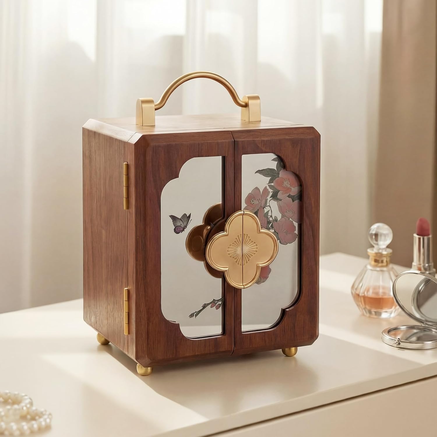 Novabright Black Walnut Jewelry Box 4 Layers of Storage Wooden Jewelry Organizer with Brass Handle and Mirrored Flowers Double Door Design for Earring Ring Necklace Bracelets Watches