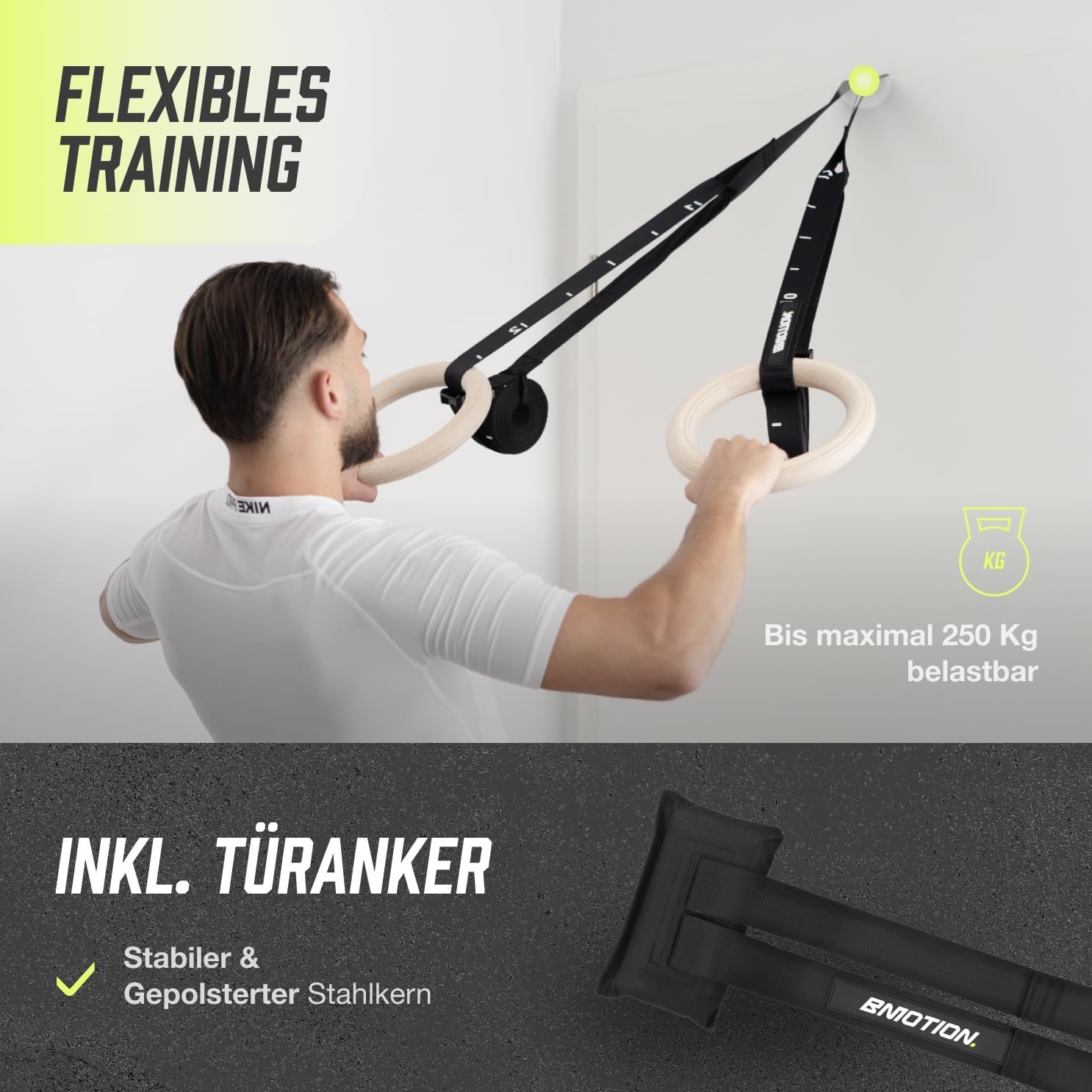 Müller & Blum Turnringe inkl. Gurte, Türanker & Grip Tape - Olympische Holzturnringe 28 mm Durchmesser - Gymnnastikringe aus Birkenholz - Indoor & Outdoor Training - Turnen, Calisthenics, Fitness