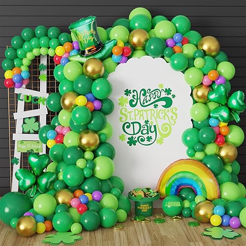 Kit de guirnalda de arco de globos del día de San Patricio, globos coloridos de arcoíris verde dorado con trébol de la suerte, sombrero de trébol de
