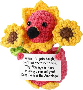 TOYMIS Flamingo Crochet, Cute Emotional Soft Knitted Sunflower Flamingo Support Doll with Inspirational Card Funny Handmade Crochet Gifts Positive Affirmation Gifts for Men Women Friends