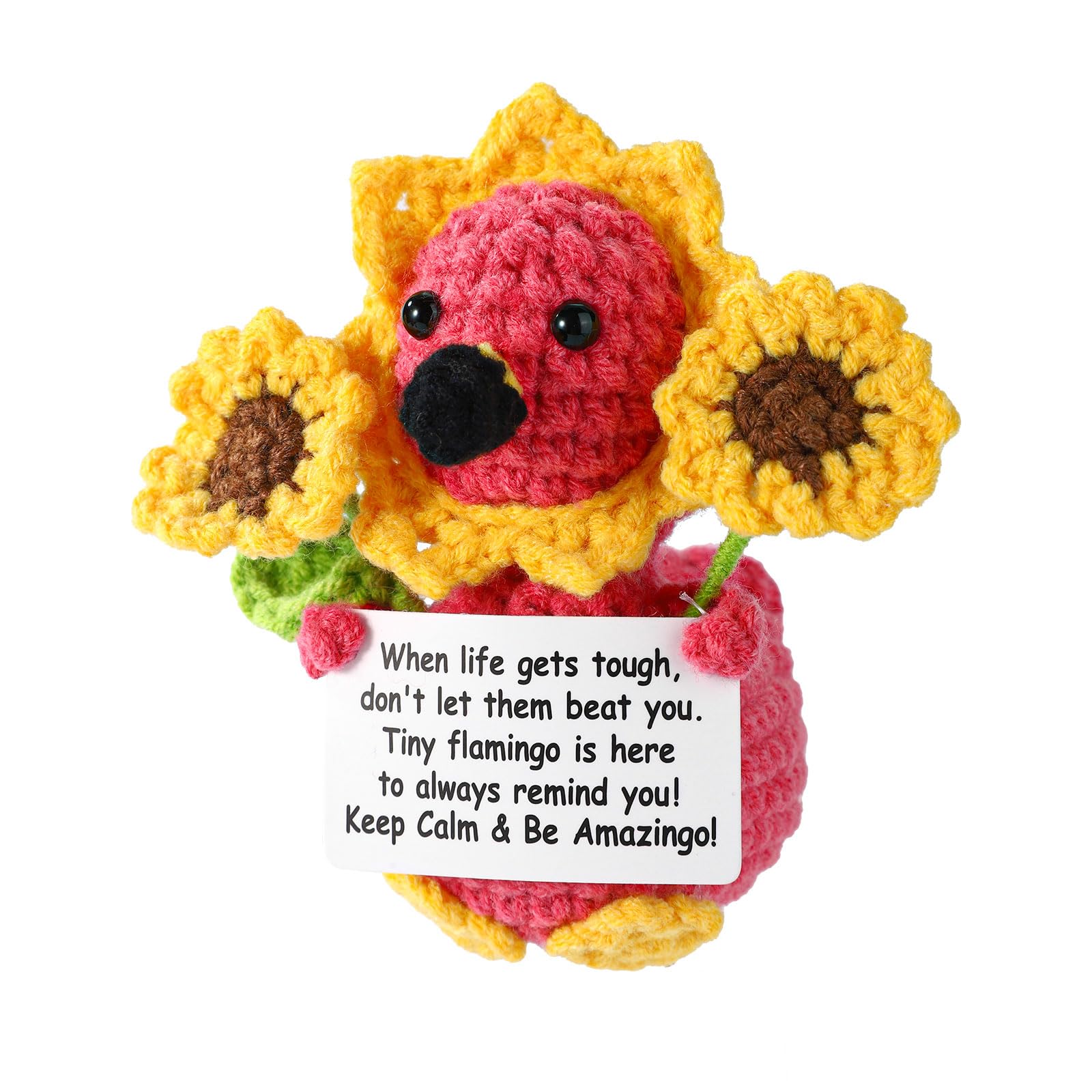 TOYMIS Flamingo Crochet, Cute Soft Knitted Sunflower Flamingo Doll with Inspirational Card Funny Handmade Crochet Gifts Positive Affirmation Gifts for Men Women Friends
