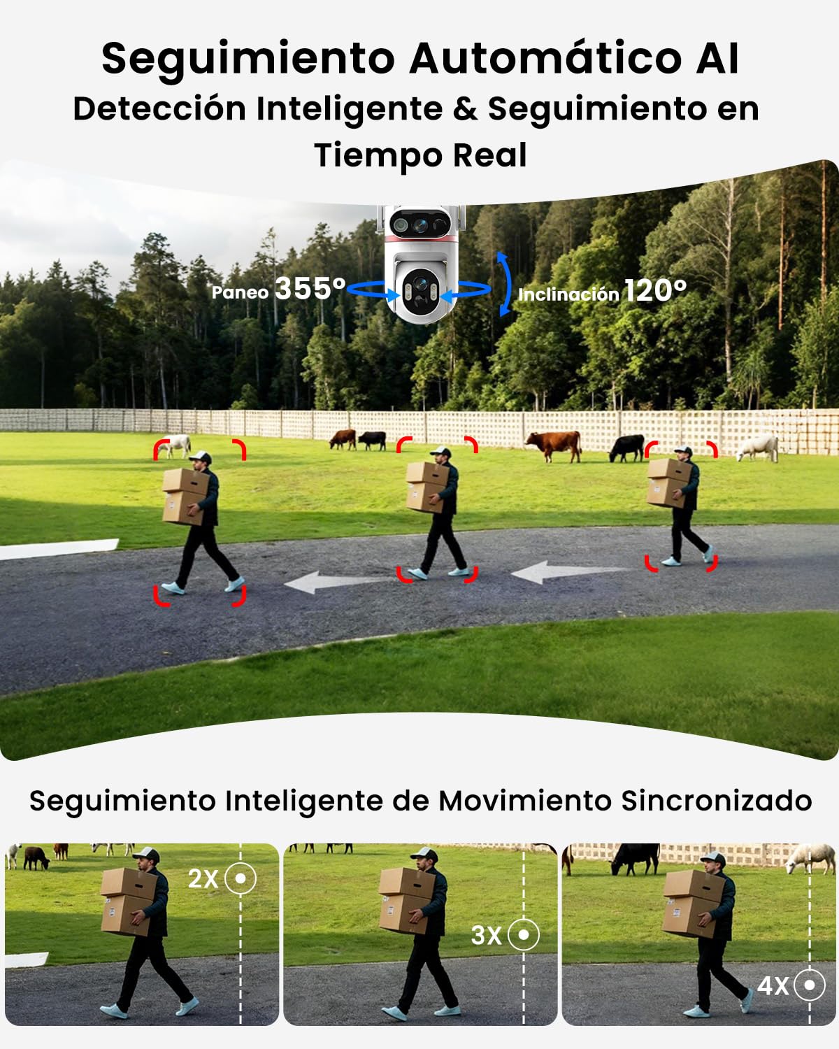 UCOCARE Doble 4MP Camara Vigilancia SIM Exterior Solar, 24/7 Grabación AOV | Doble Lente Camera 4G Solar 8W & Batería 15800mAh, 360° Seguimiento Automático, Detección IA, Visión Nocturna Color, IP66