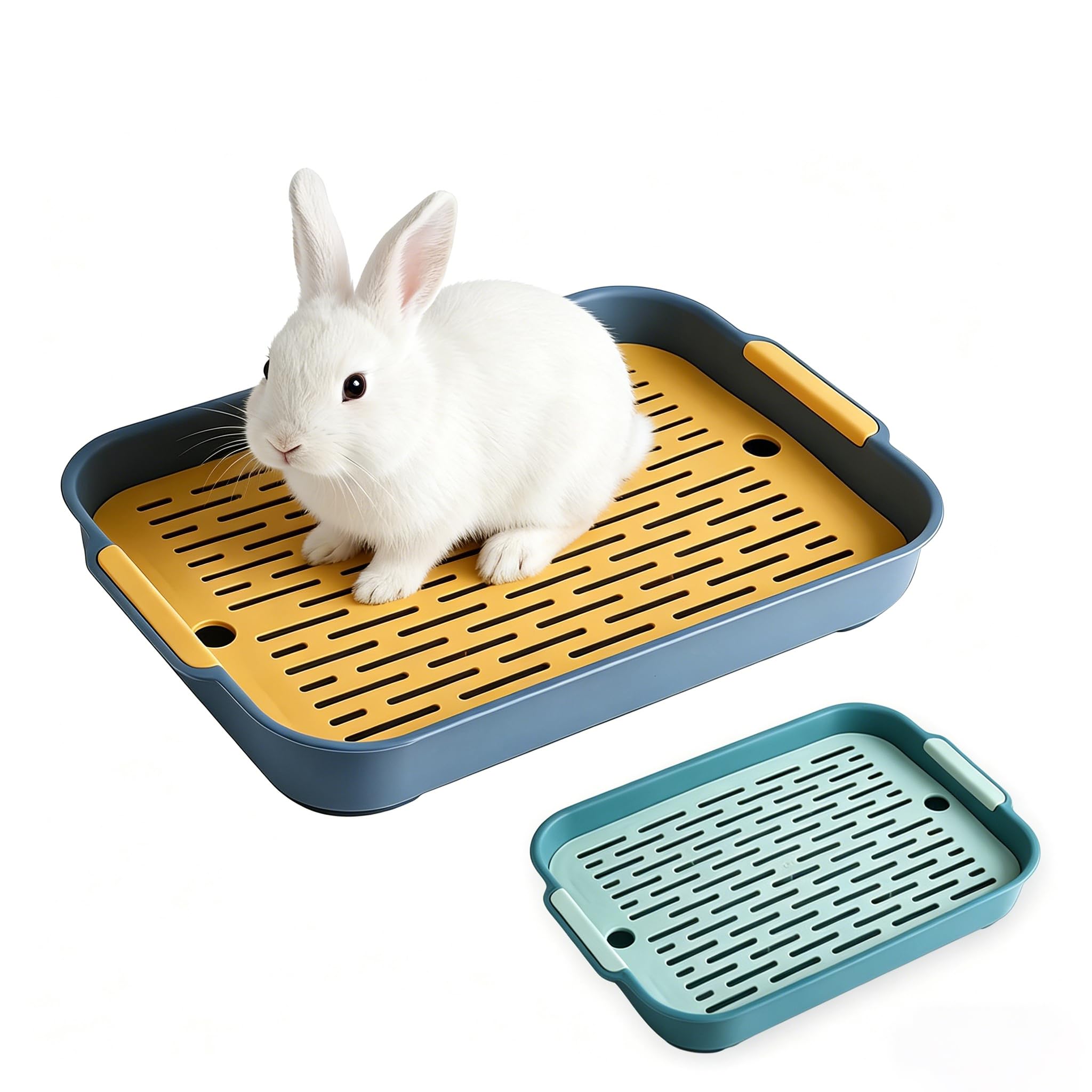 2 Pcs Large Rabbit Litter Tray, 36.5x24.5x4.9cm Rectangular Litter Box with Grid, 2 Tier Flat Rabbit Cage Toilet Tray, Portable Small Animal Litter Box for Bunny Guinea Pig Cat