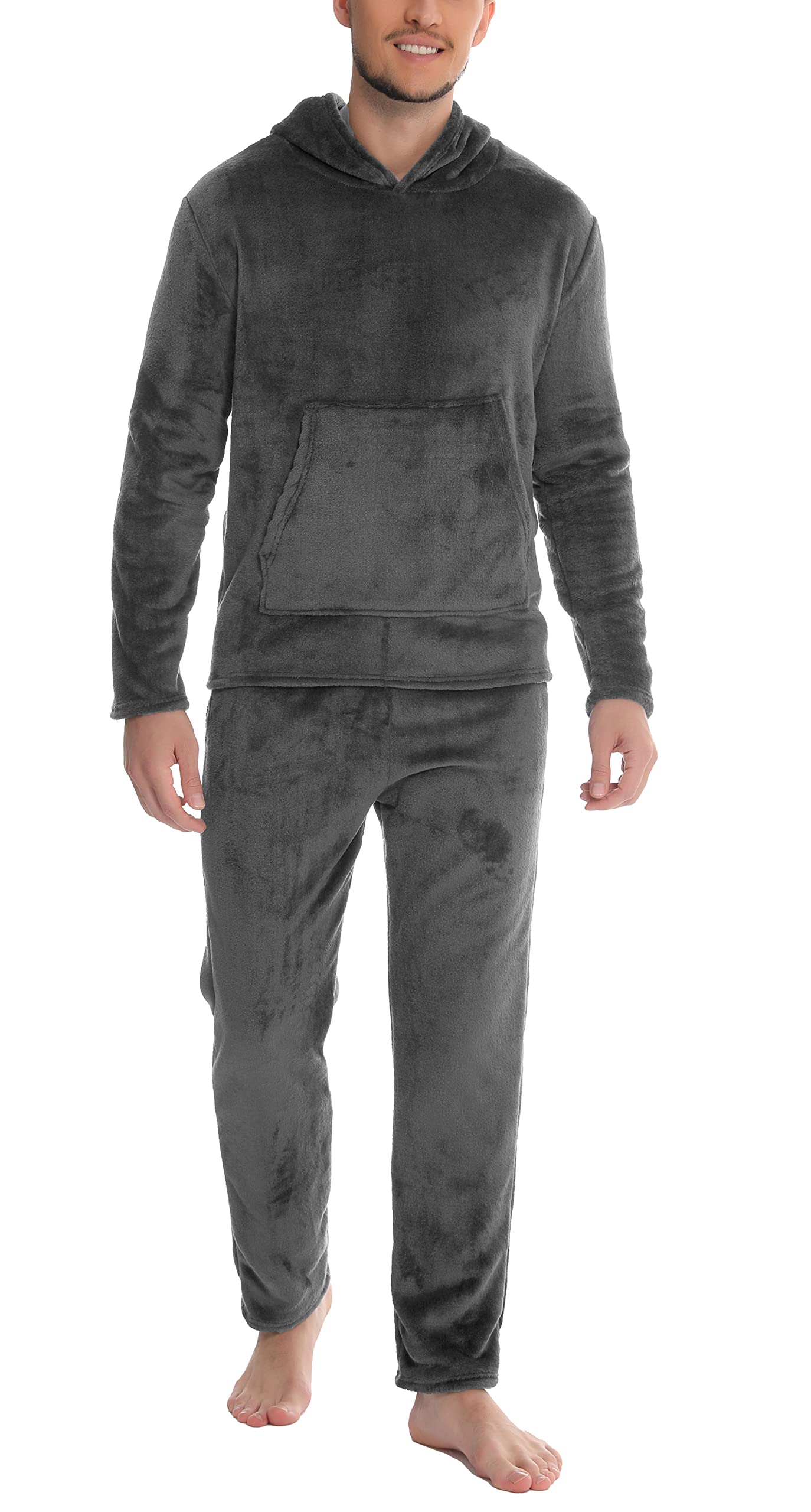 Lovasy Pijama Hombre Invierno Manga Larga Polar Pijamas para Hombre de Franela Cálido Largo con Bolsillos y Capucha