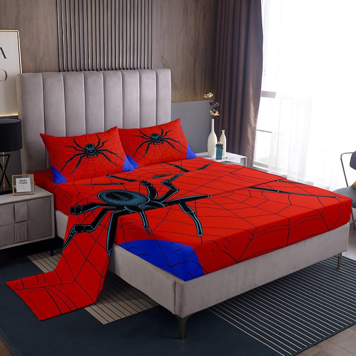Spider Web Kids Sheet Queen Size,Black Spider Arachnid Insect Animals Bedding Set,Boys Girls Women Men Room Decor,Happy Halloween Red Blue Fashion Bed Sheet Set 4pcs(Fitted + Flat + 2 Pillowcases)