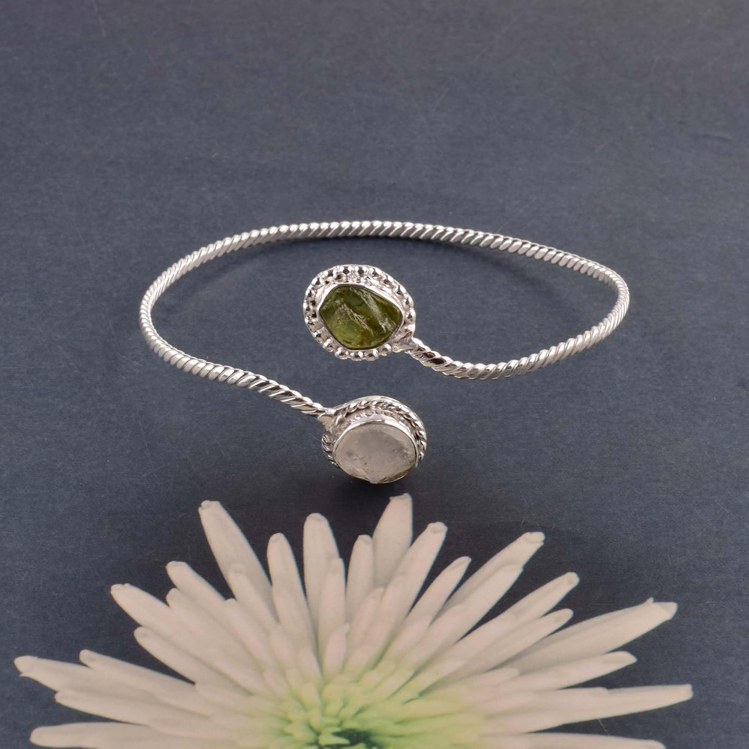 Natural Raw Peridot and Aquamarine Cuff Bracelet, Healing Crystal Cuff Bracelet, Bangle Bracelet, Rough Gemstone Bracelet, Jewelry For Woman (peridot and aquamarine) - Image 5