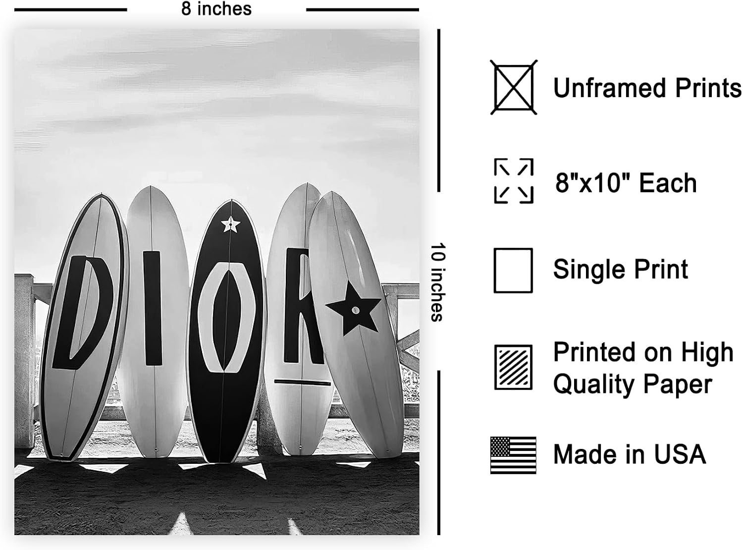 Poster Master Surfboards - Fashion Surfboard Print - Beach and Luxury Brand Art - Photography - Black and White - Bedroom or Beach House Decor - 8x10 UNFRAMED Wall Decor