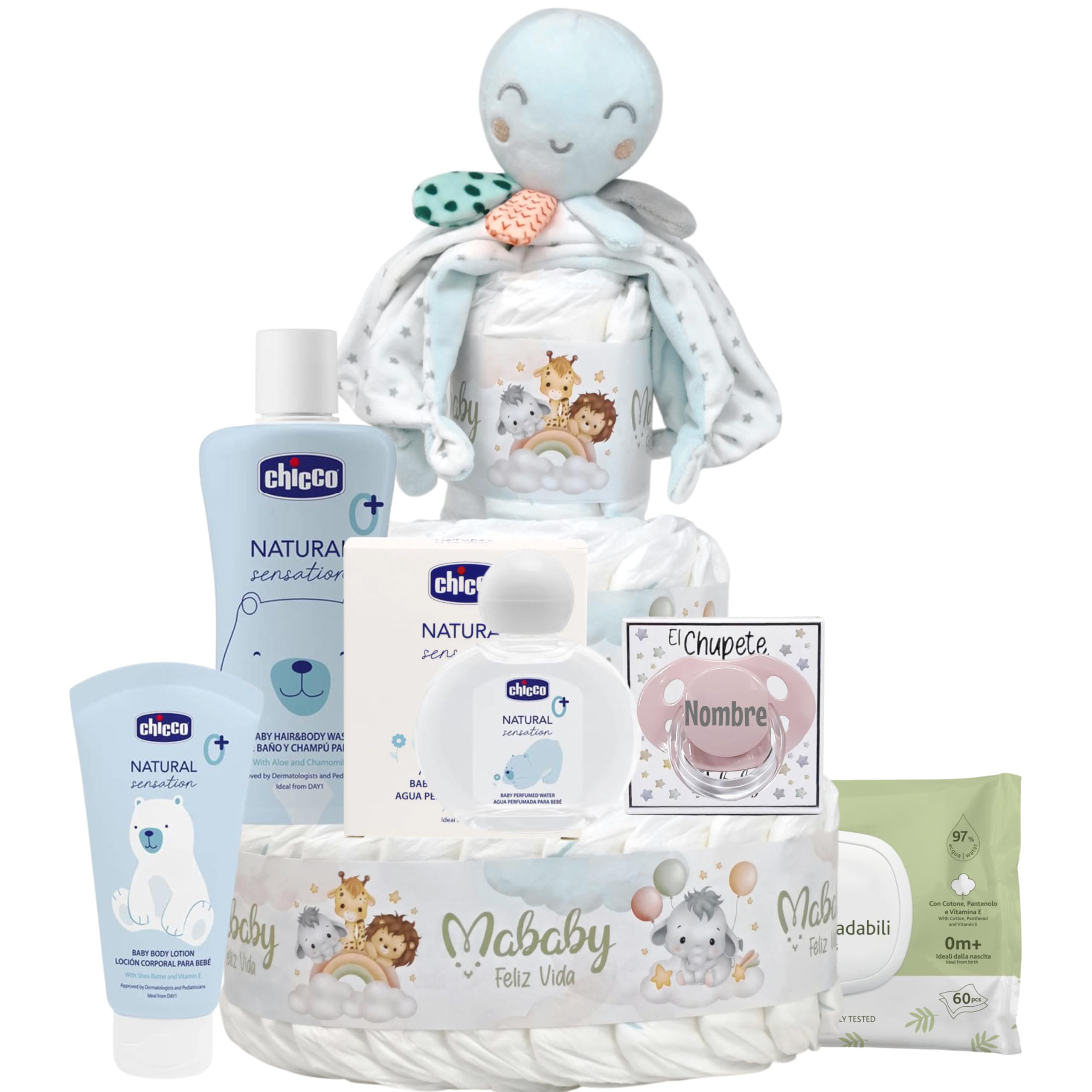 Tarta de Pañales Bebé Personalizada Mi Pulpito, 3 Pisos, Dou Dou Pulpo con Sonajero, Chupete con Nombre, Set de Higiene, Toallitas y Regalo Baby Shower Canastilla Original (Rosa)
