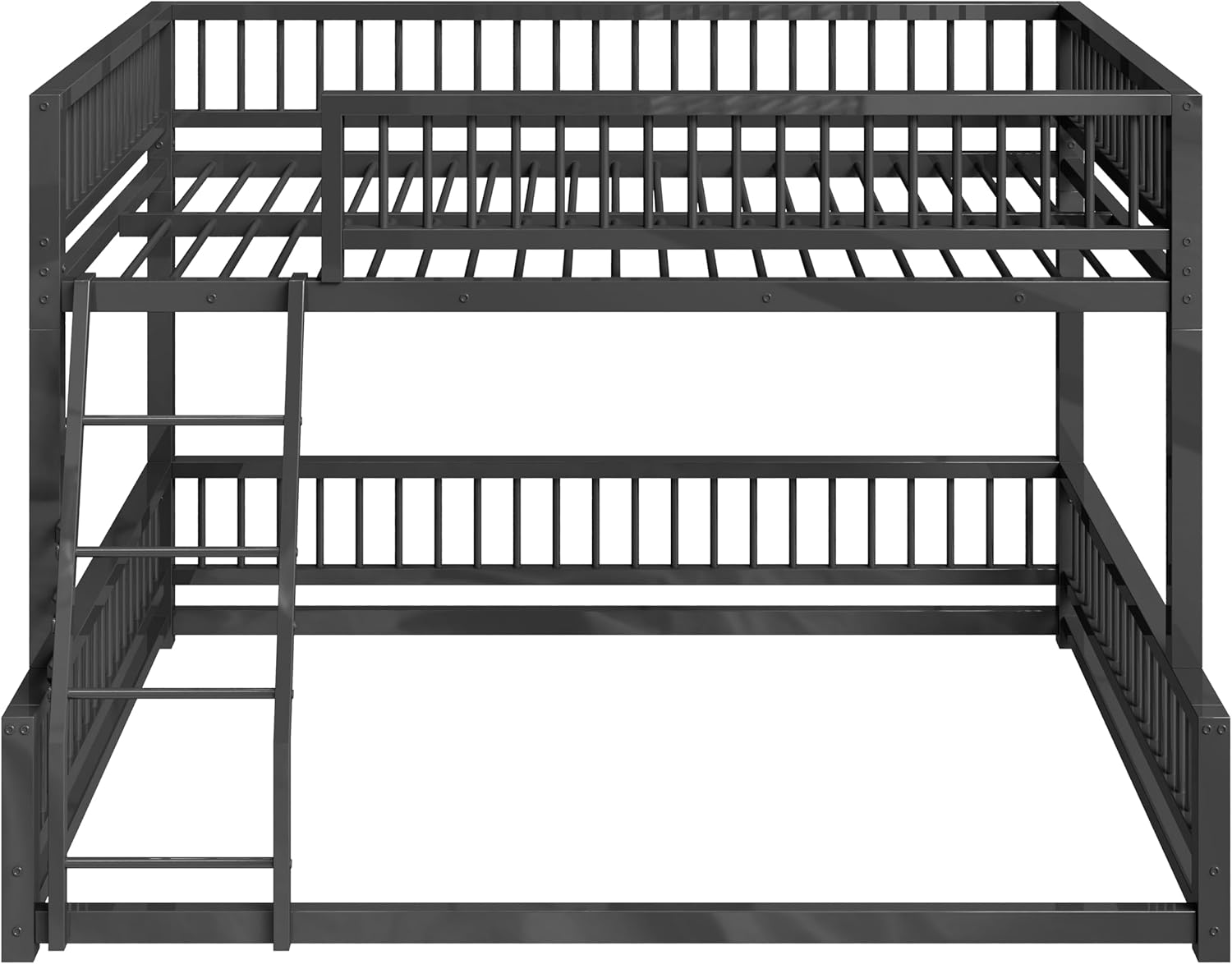 SOFTSEA Twin XL Over Queen Bunk Bed, Heavy-Duty Metal Bunk Bed with Safety Guardrails and Ladder for Kids Teens Adults, Space-Saving Floor Bunk Beds, Noise Reduced, Black