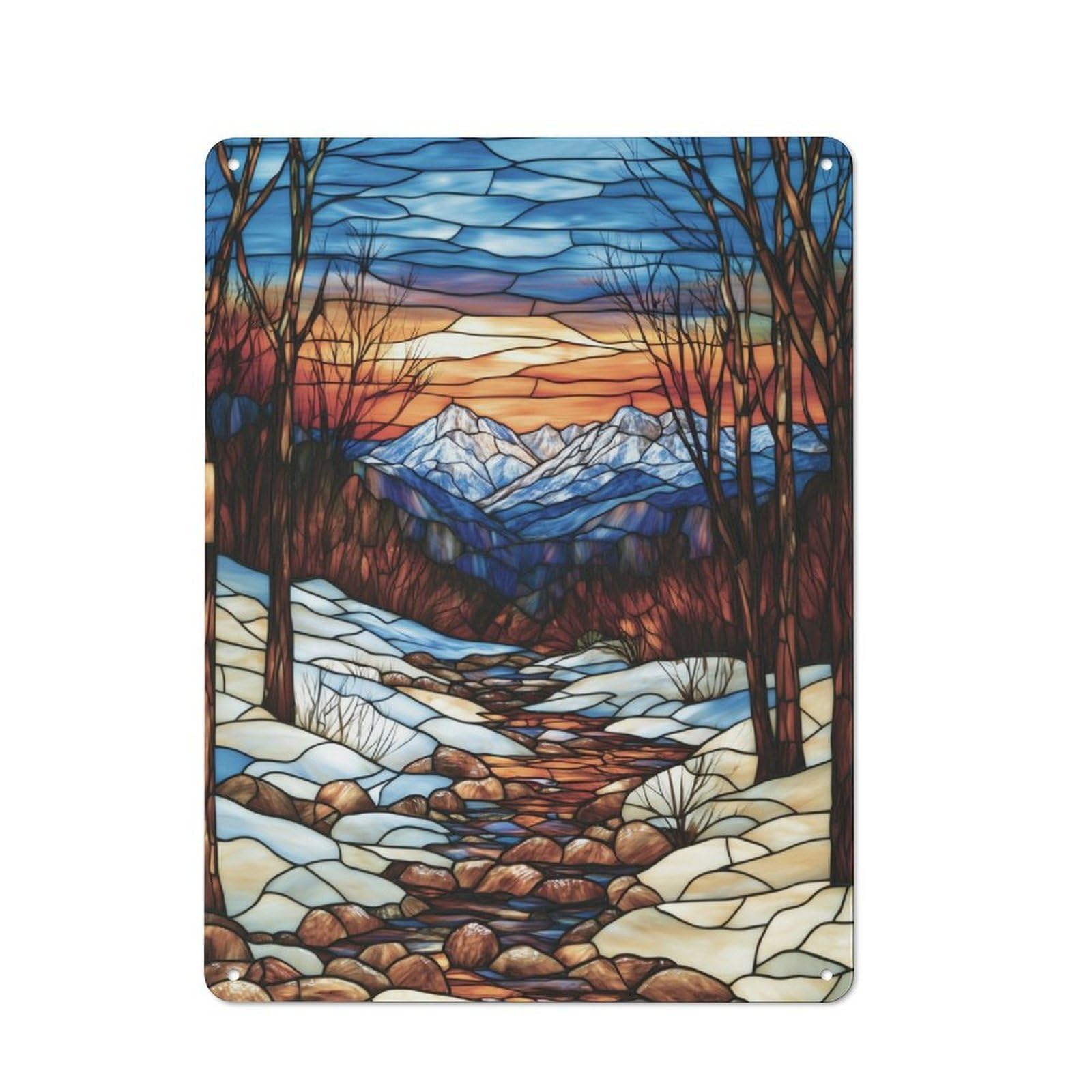 Junmoney Stained Glass Mountain Stream Metal Wall Sign 40X30cm, Nostalgic Classic Pub Decor For Pub, Home Bar, Shed Or Man Cave