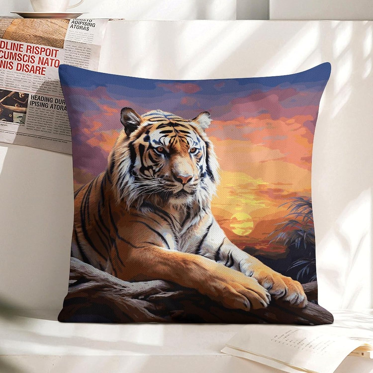Tiger Colorful Sunset Pillow Protectors Cute Waterproof Pillow Cover Soft Skin-Friendly Cushion Case Decorative Square Cushion Cover for Couch Sofa Bed Living Room Bedroom