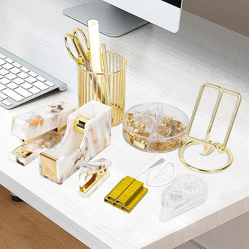 Miniatura 6 de Suministros de accesorios de escritorio de oficina, juego de 13 piezas de decoración de escritorio de mármol dorado para mujer, bonito kit de