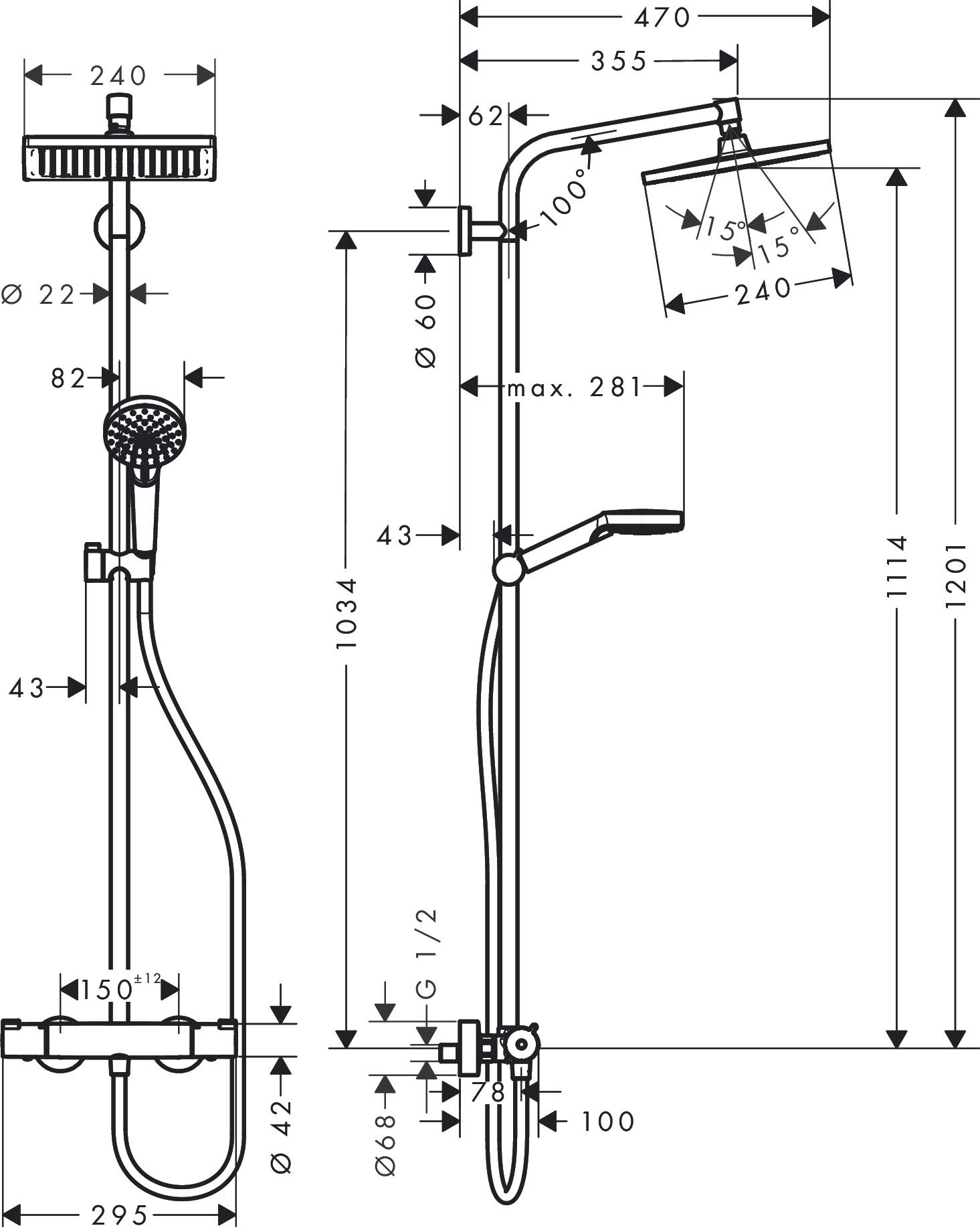 hansgrohe Crometta E - Colonna doccia a risparmio idrico (EcoSmart) con miscelatore termostatico, sistema doccia (240 x 240 mm) con rubinetto, doccetta, tubo, asta e soffione doccia, cromo, 27281000