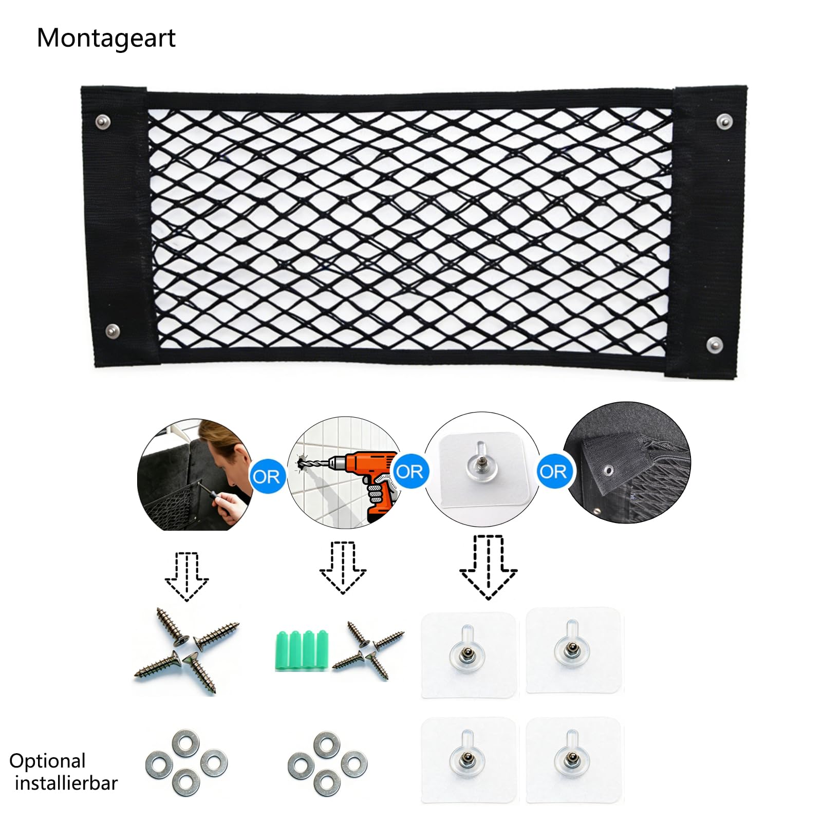 Camper Van Cargo Net – Kofferraum Taschen Auto Klett mit 6 Montagearten & Metallösen – Gepäcknetz zum Schrauben für SUV, Wohnmobil, Limousine & Kombi – 2er Set (55x25cm)