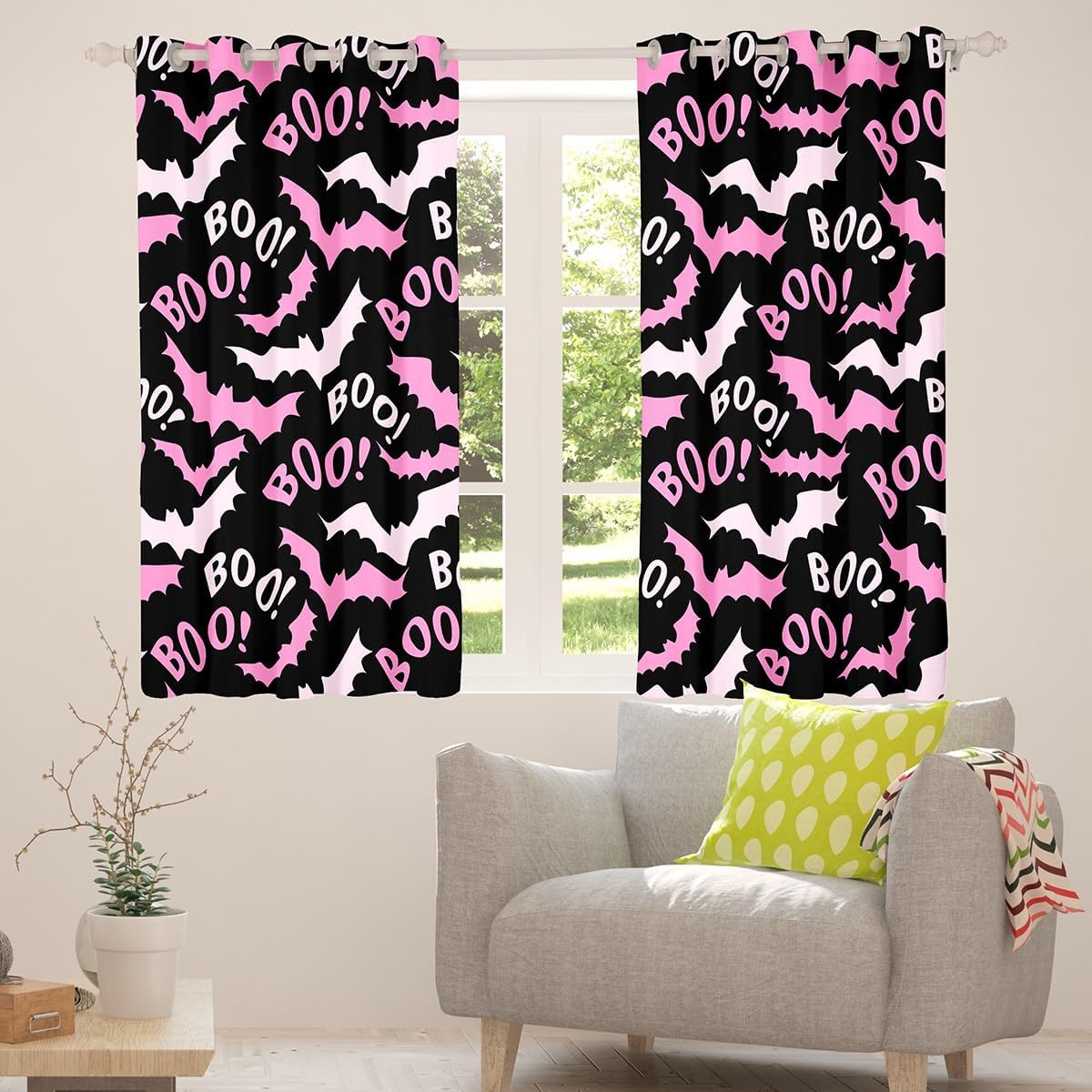 Feelyou Halloween Bat Darkening Dreapes (2 Panels, 42 x 63 Inch) Horror Theme Curtains for Bedroom Living Room Decor Cobweb Bat Blackout Curtains Spider Window Treatments