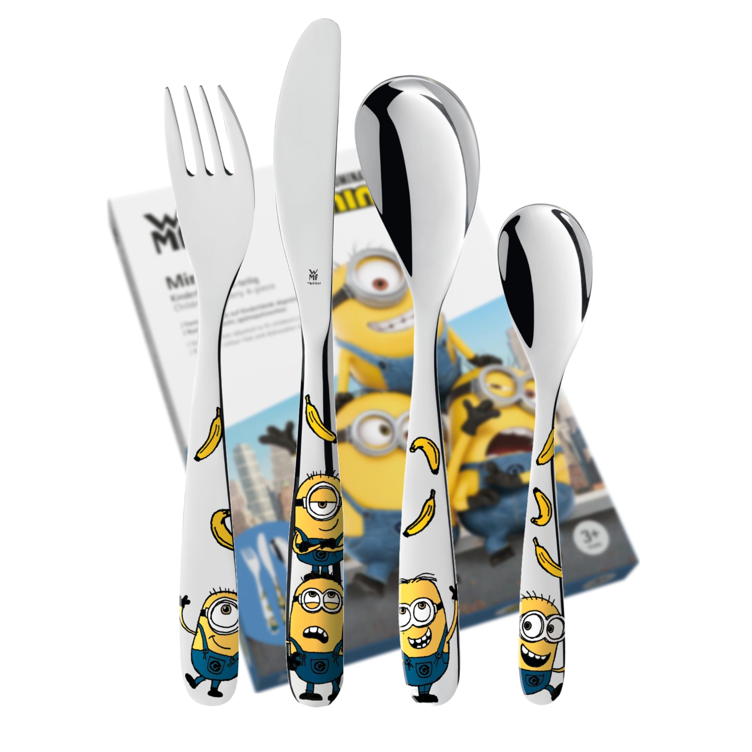 Posate per bambini WMF Minions con incisione del nome - bellissimo set di posate per bambini - regali di battesimo personalizzati con incisione - idee regalo per bambine e bambini dai 3 anni, 4 pezzi