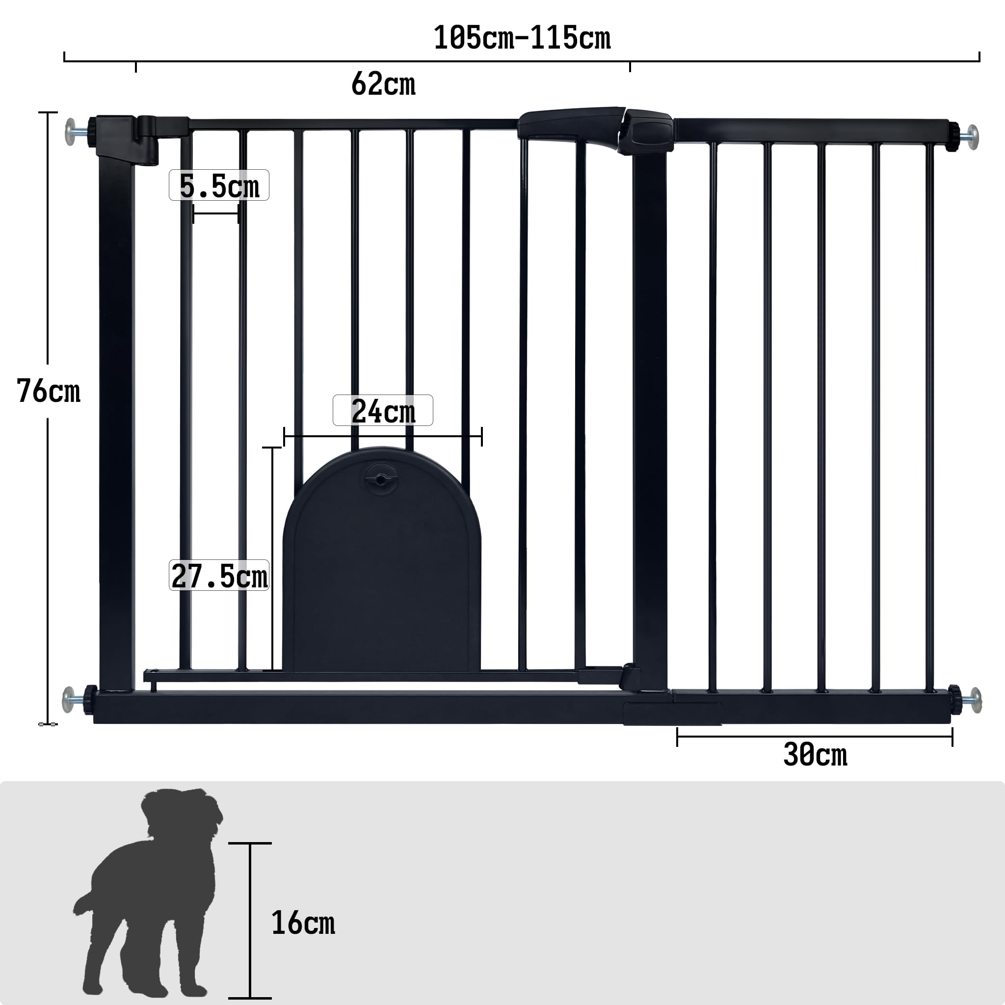 Cancello Di Sicurezza Per Scale Senza Foratura - Per Bambini E Animali Domestici, Regolabile 75-115 Cm, Doppia Chiusura, Colore Nero
