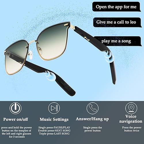 Miniatura 4 de Huark Warno Bluetooth Sunglasses Smart Glasses Listen Music, Receive Calls,Take Photos,Open App, Navigation etc UV400 lenses (Green)