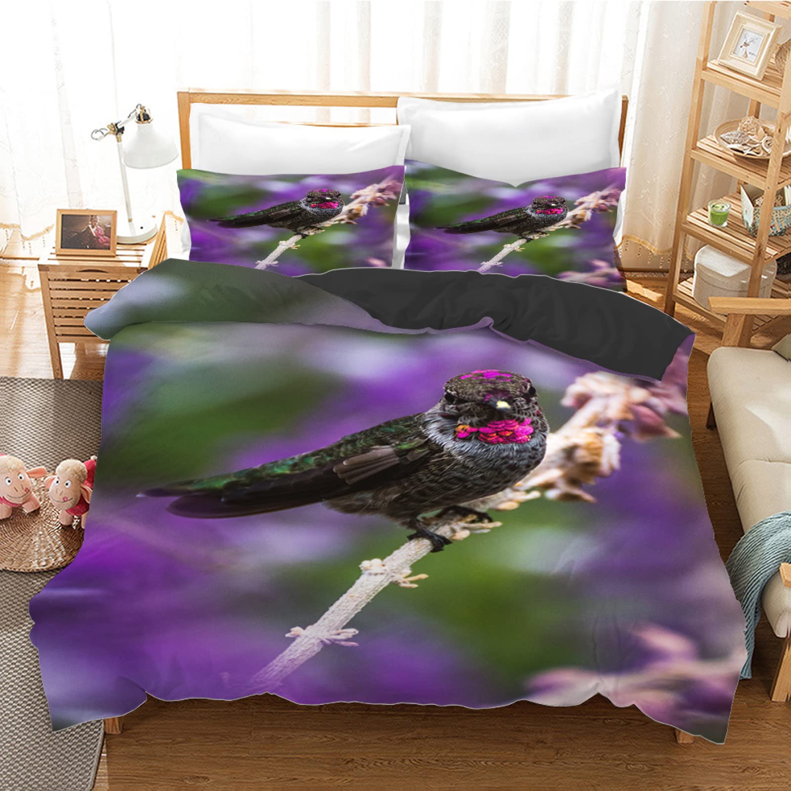 Parure de lit 90x190 enfant oiseau violet anti-plis et facile à laver
